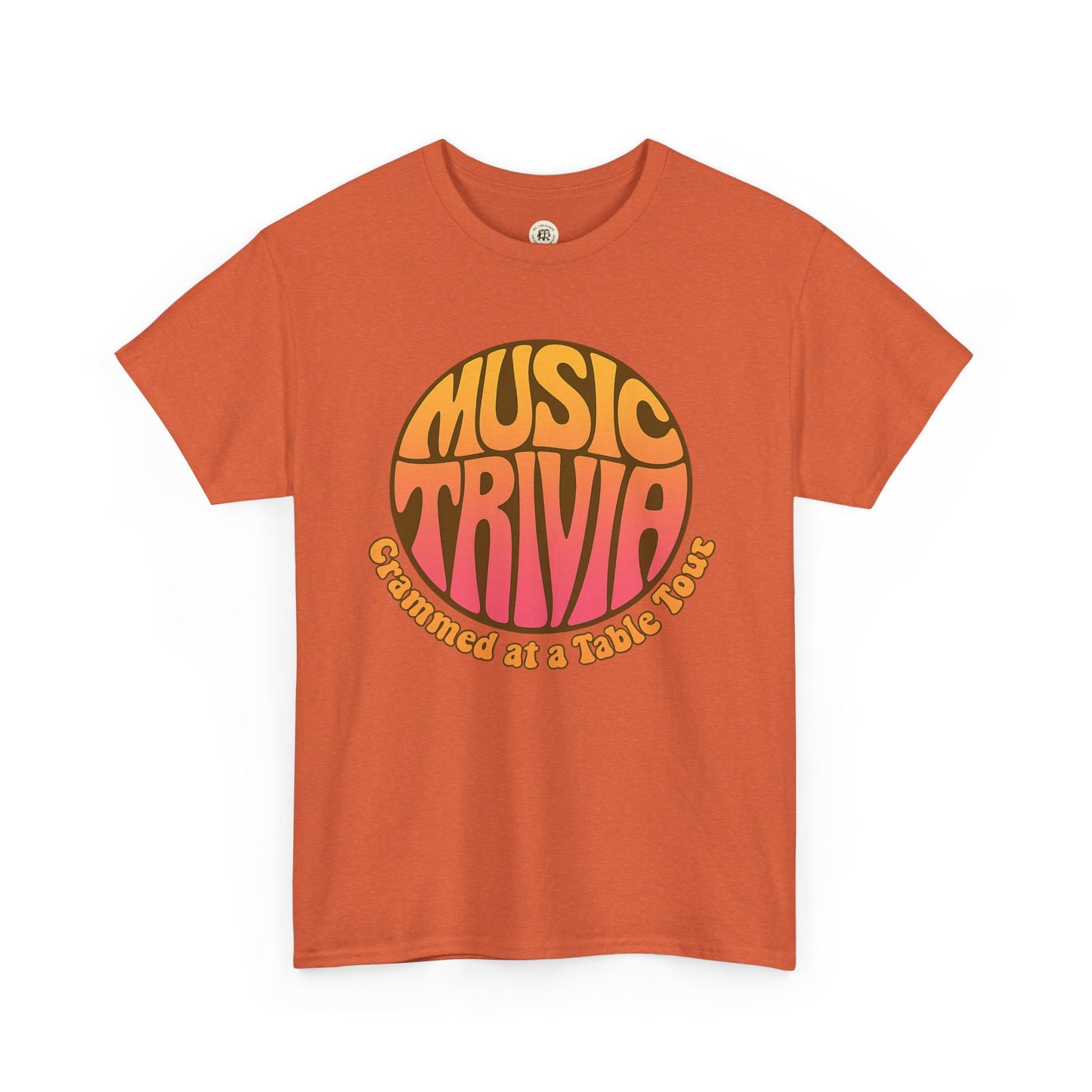 Vintage music trivia t-shirt in orange with retro style text design and round neck