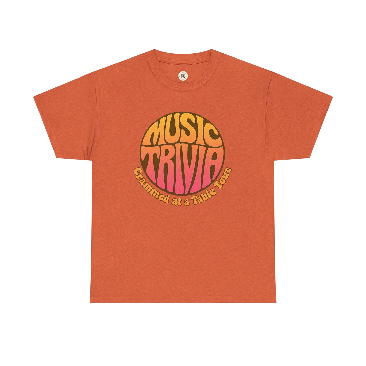 Vintage music trivia t-shirt in orange with retro round music trivia graphic by Printify
