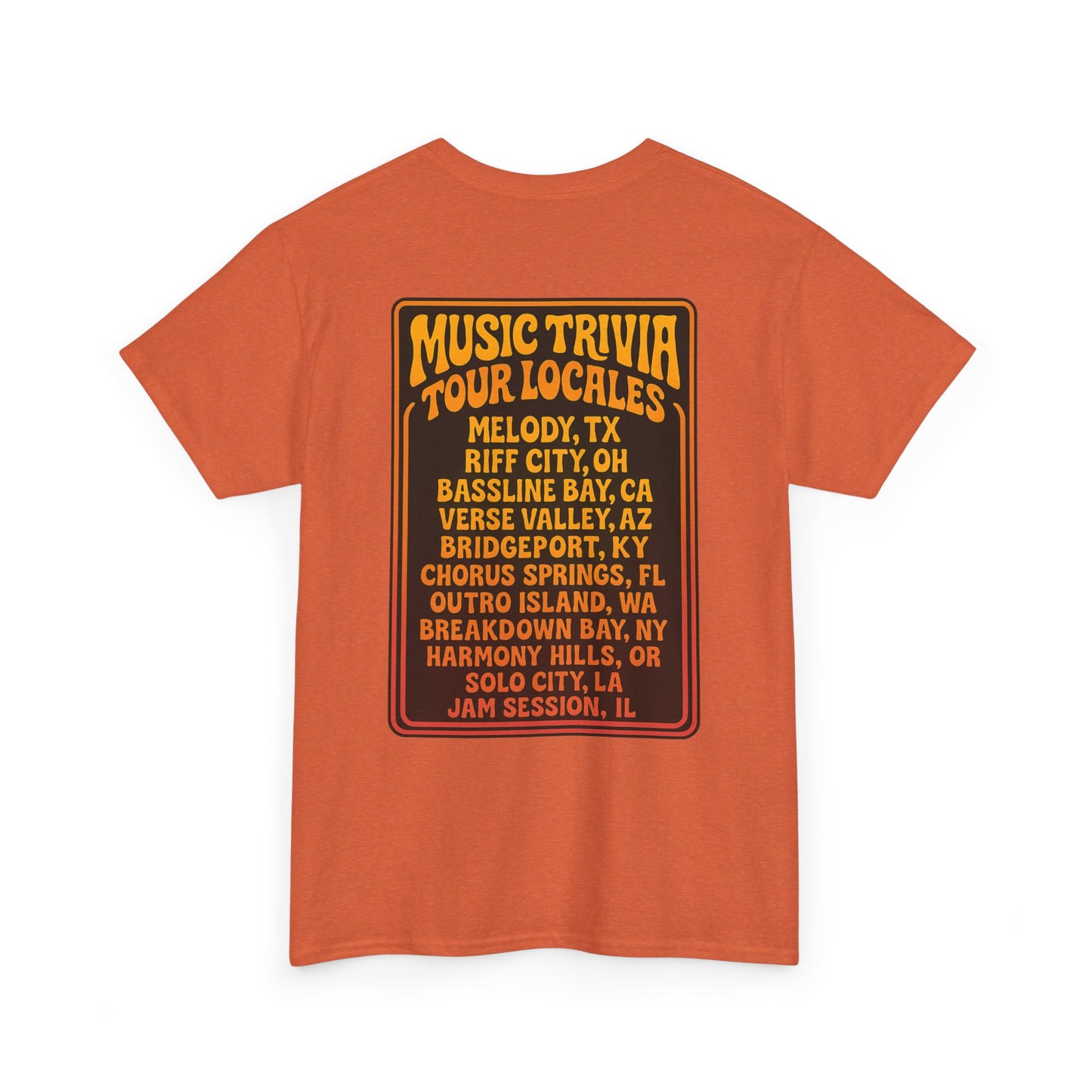 Orange Printify vintage music trivia t-shirt with retro tour locales design on back