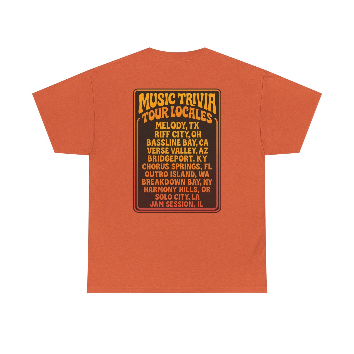 Orange vintage music trivia t-shirt by Printify with music trivia tour locales printed on the back