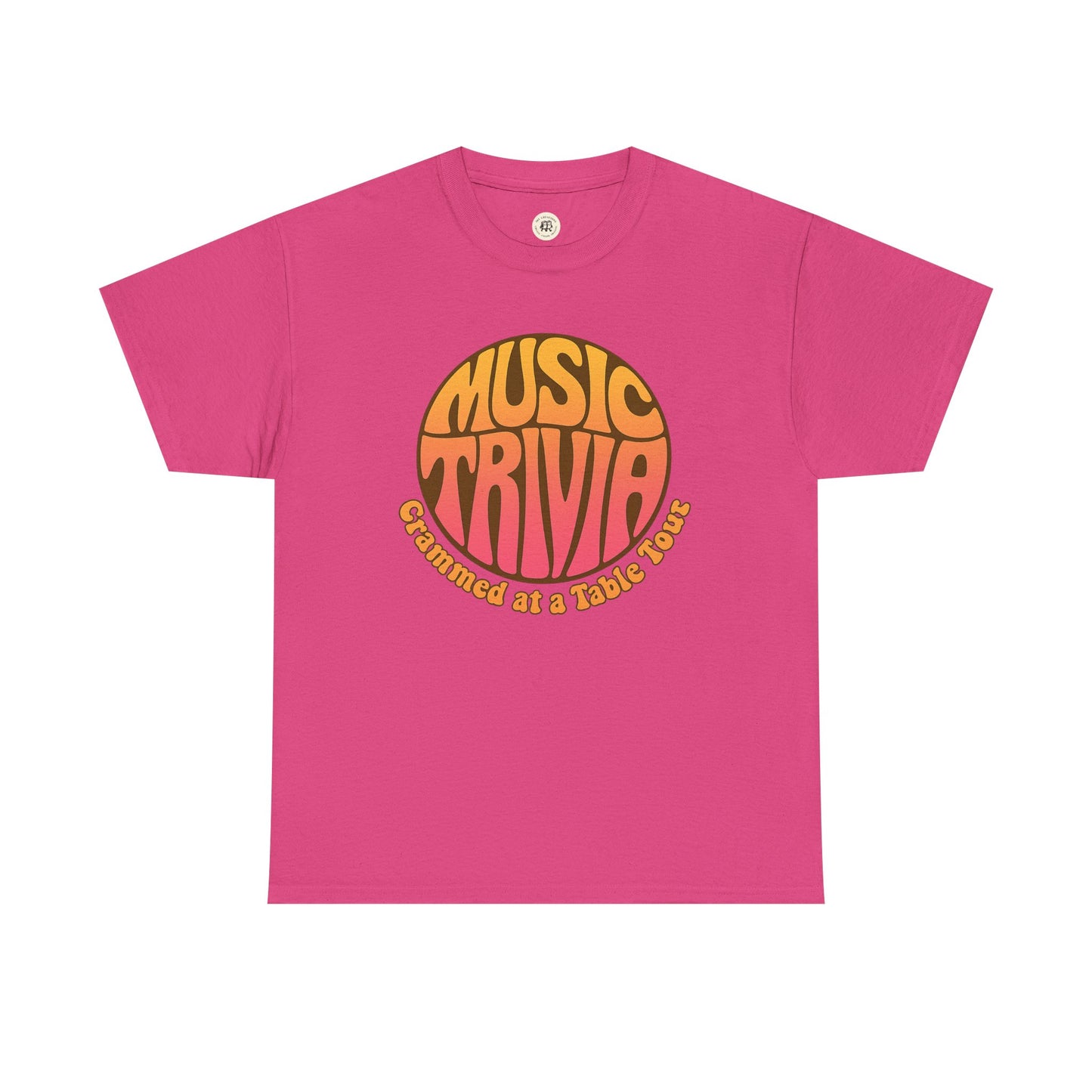 Pink vintage music trivia t-shirt with retro orange and yellow circular graphic from Printify