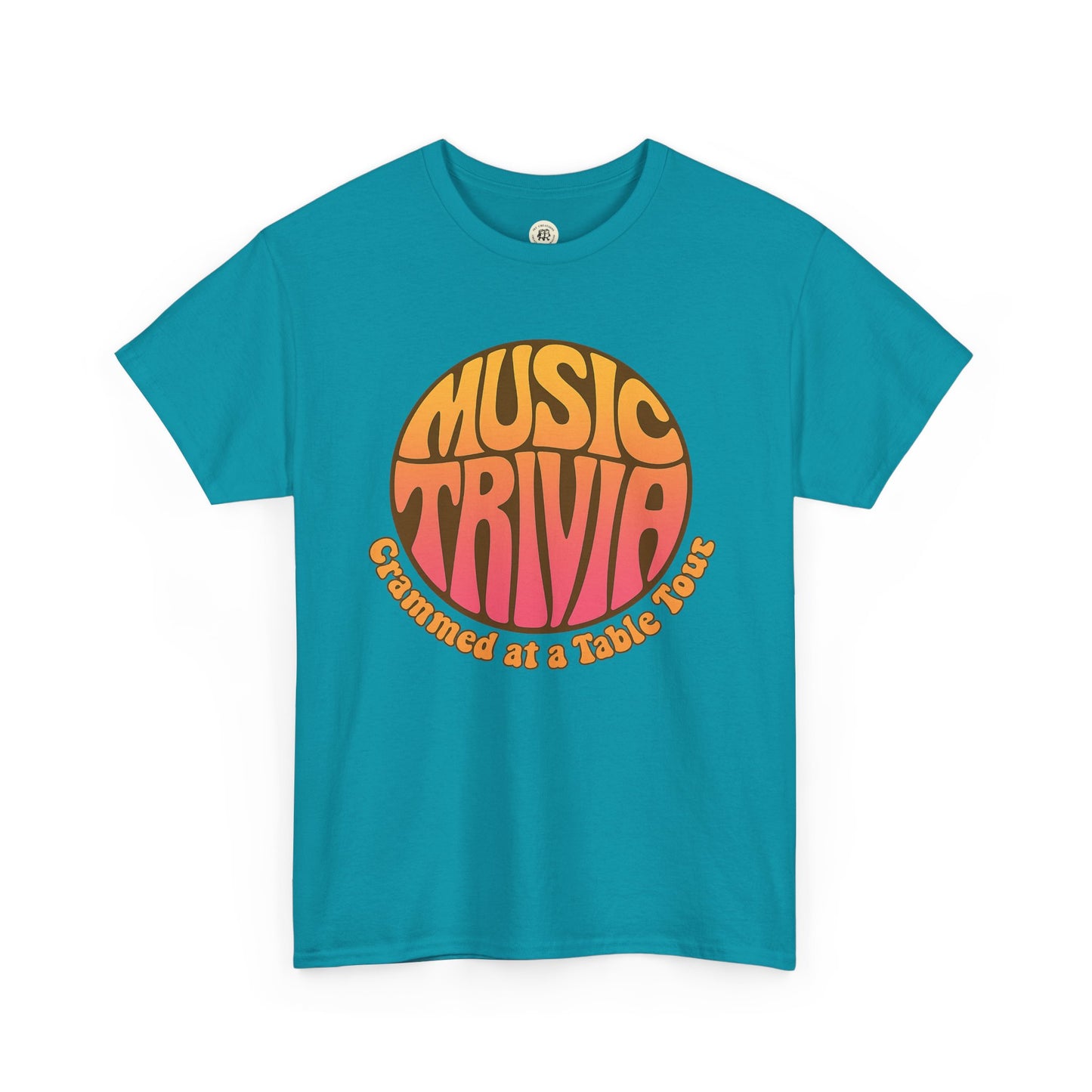 Printify vintage music trivia t-shirt in teal with retro circle graphic and bold typography