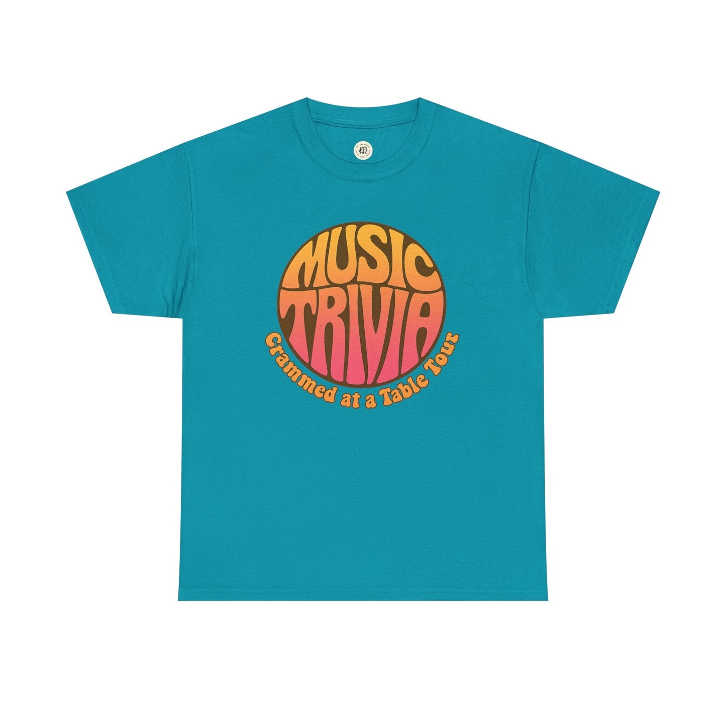 Printify vintage music trivia t-shirt in teal with retro orange and pink graphic design