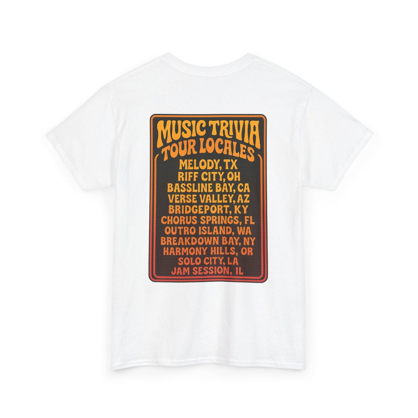 Printify vintage music trivia t-shirt in white with retro music trivia tour locales design on the back