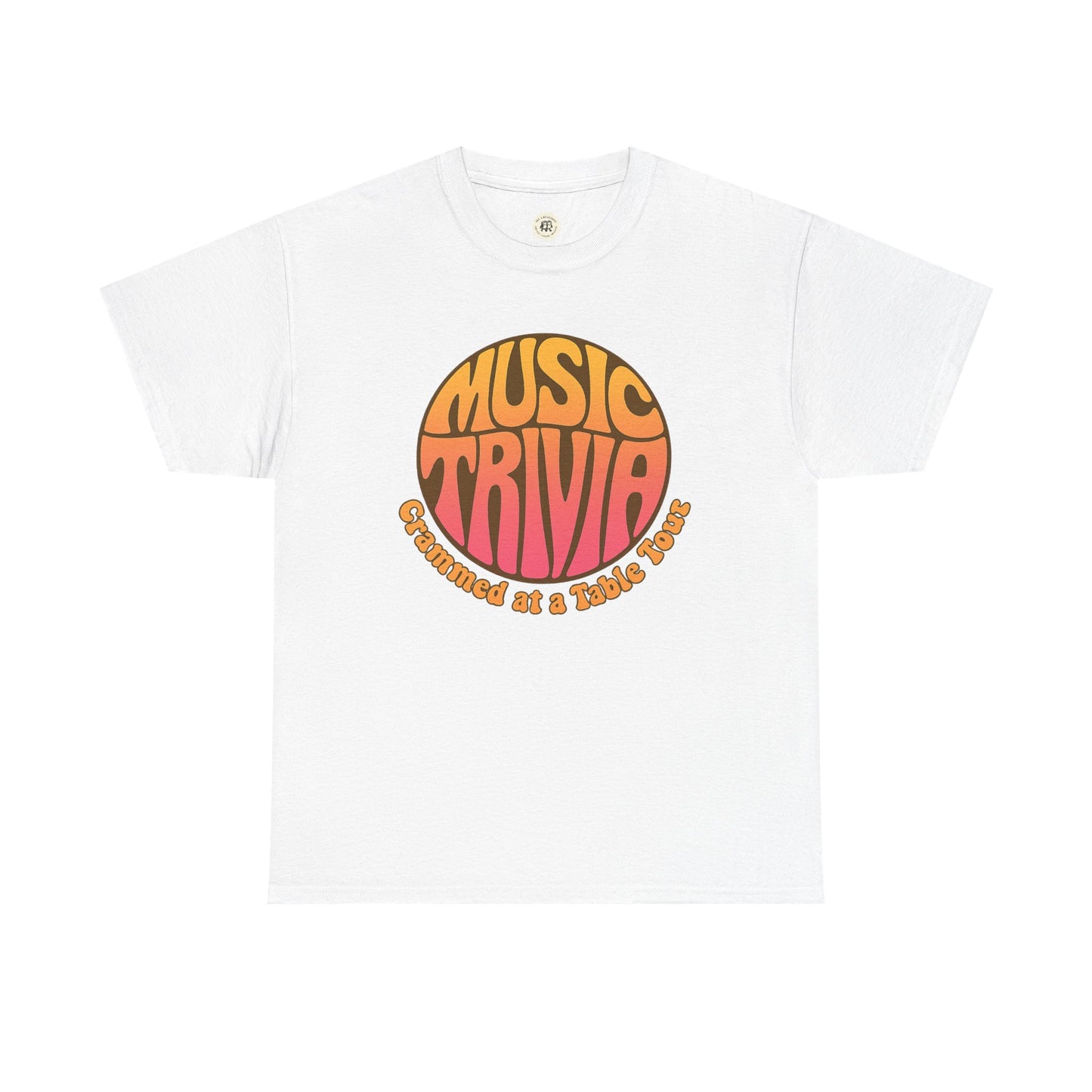 White vintage music trivia t-shirt with retro orange and pink circular design by Printify