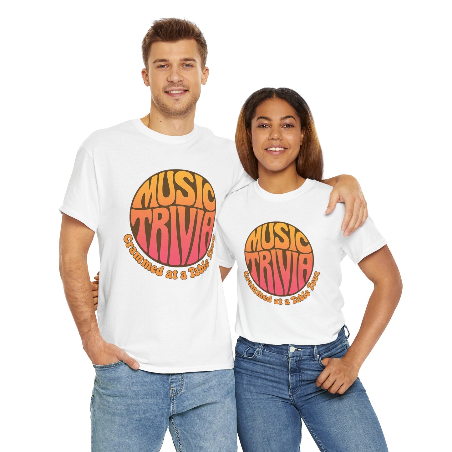 Man and woman wearing white vintage music trivia t-shirt with orange and red retro design from Printify