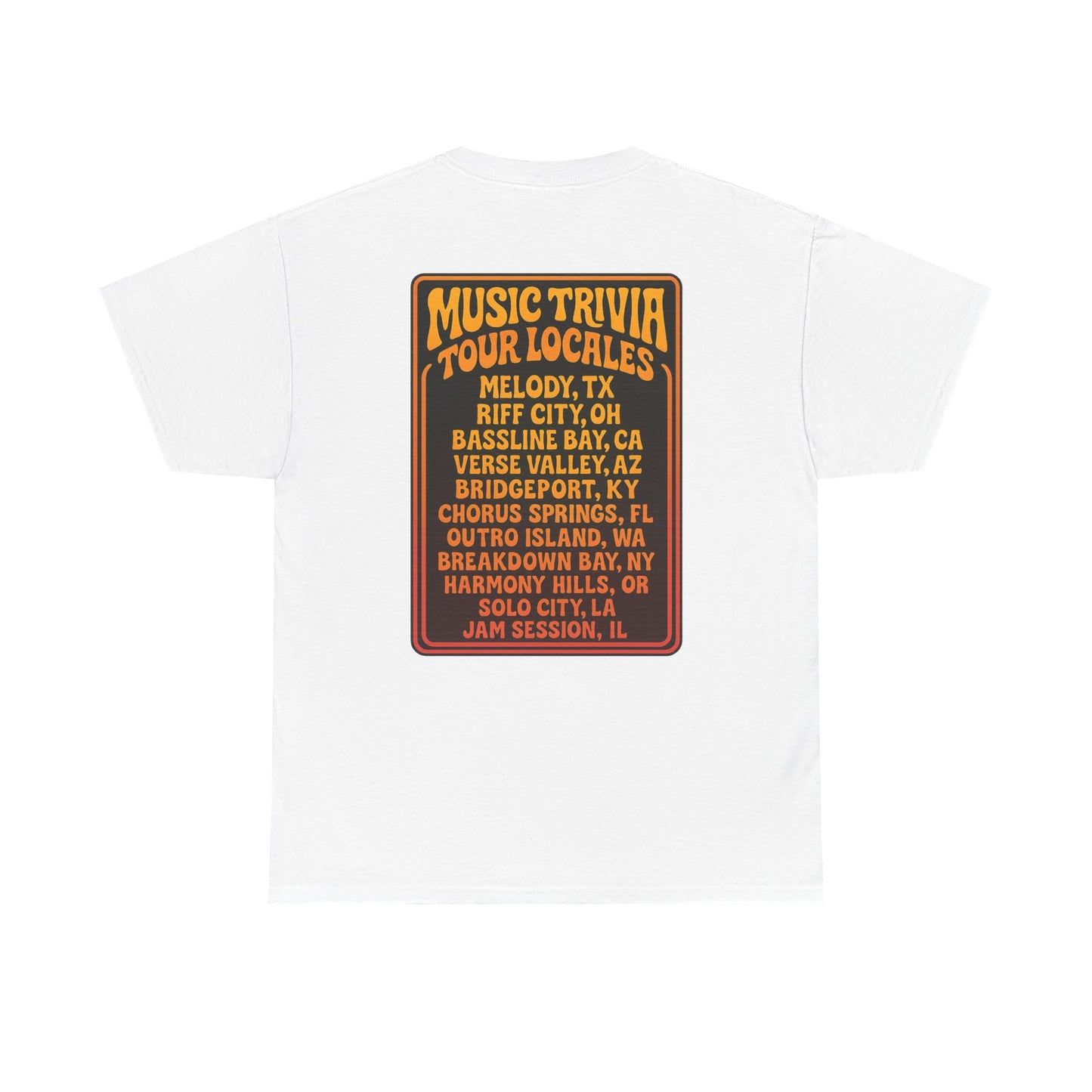 White vintage music trivia t-shirt with colorful tour locales graphic on back by Printify