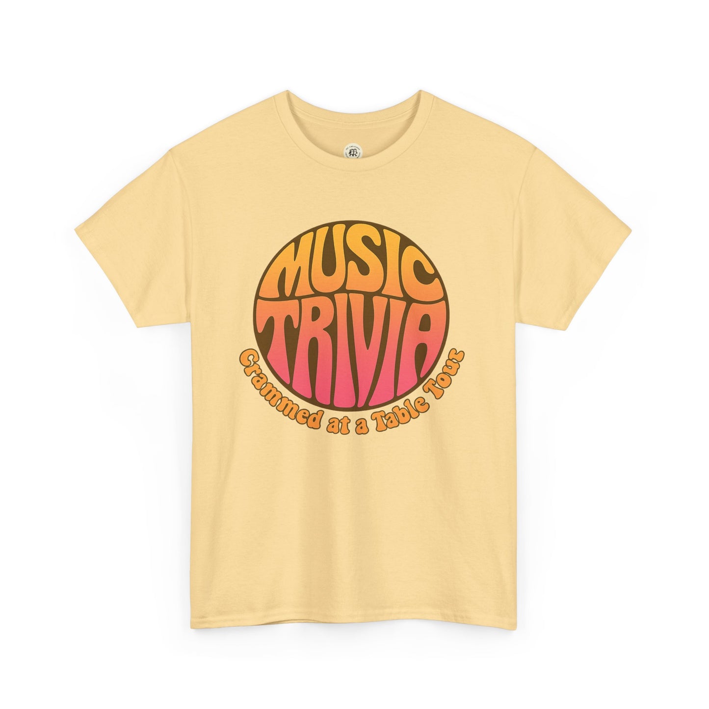 Printify vintage music trivia t-shirt in beige with retro orange and yellow circle graphic design