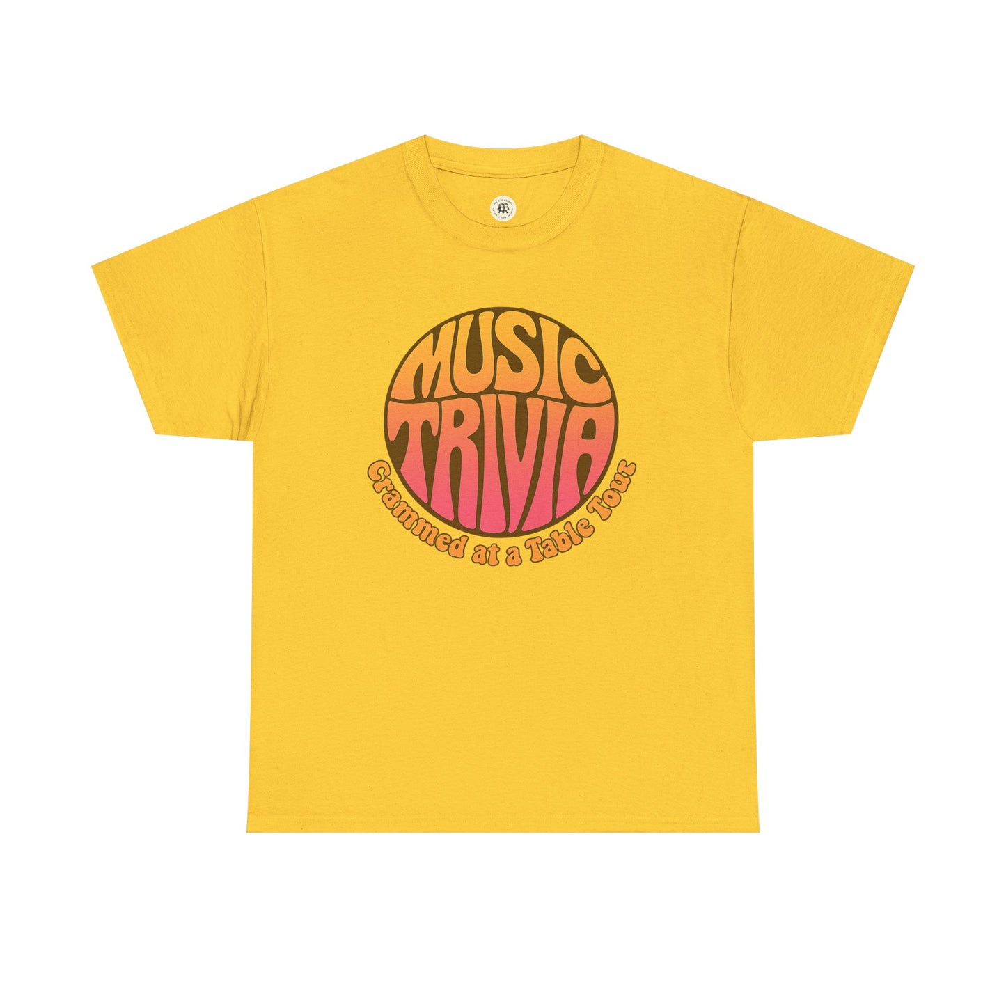 Yellow vintage music trivia t-shirt with retro styled text graphic by Printify