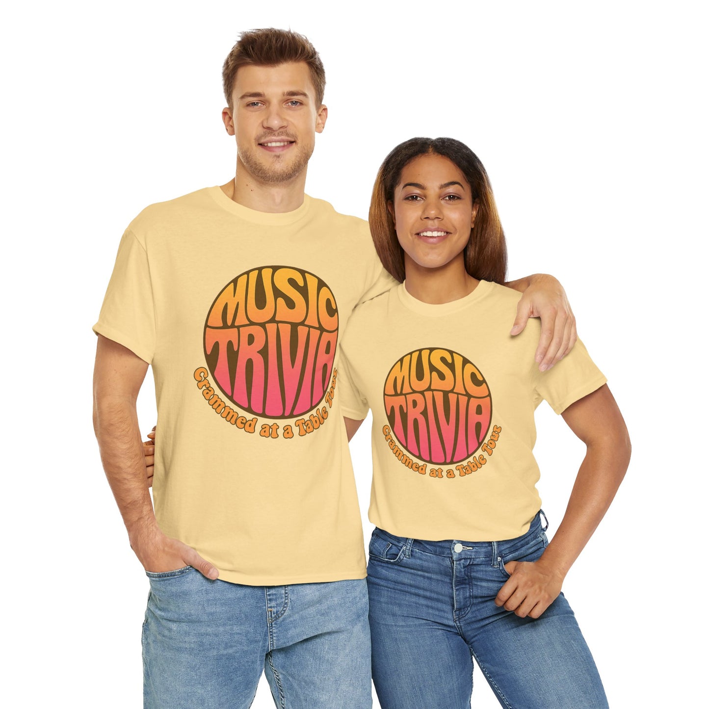 Printify vintage music trivia t-shirt worn by man and woman in beige with colorful circular design