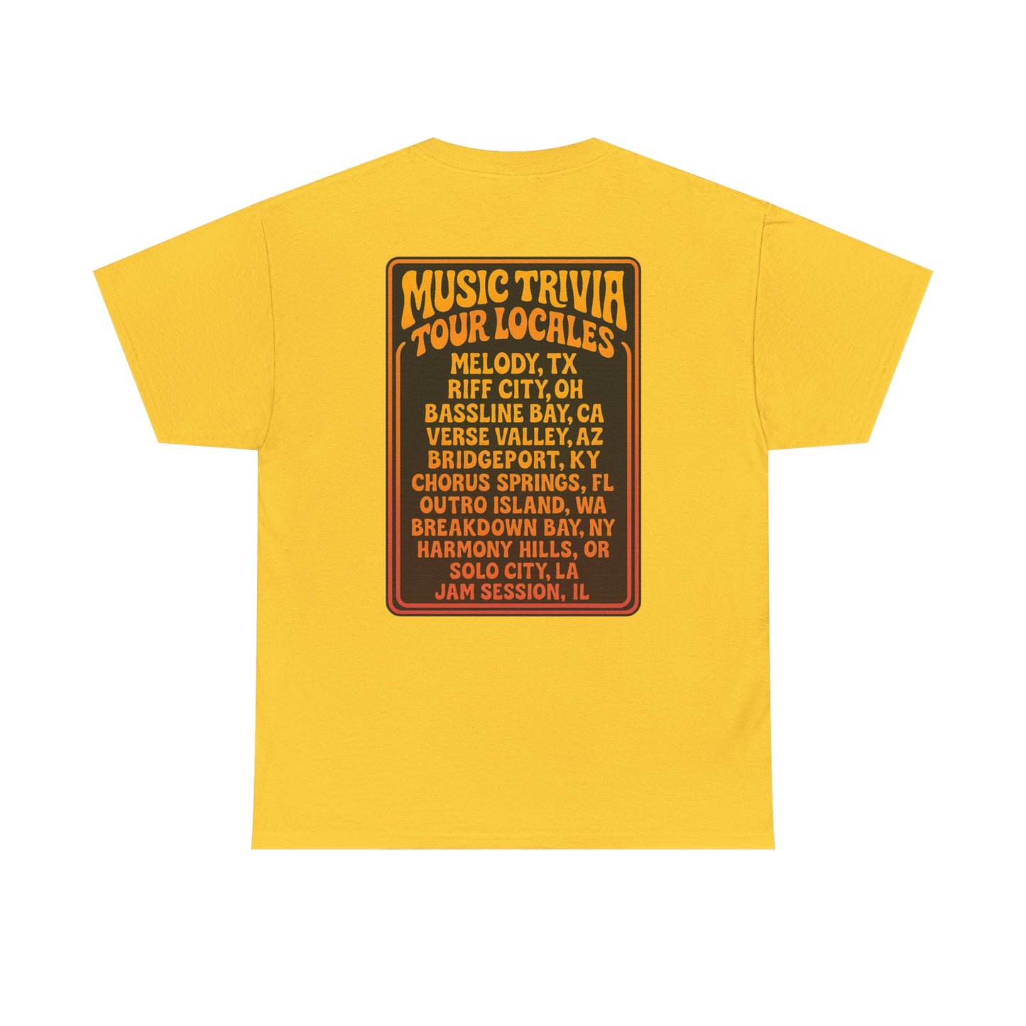 Yellow vintage music trivia t-shirt by Printify featuring tour locales graphic on back