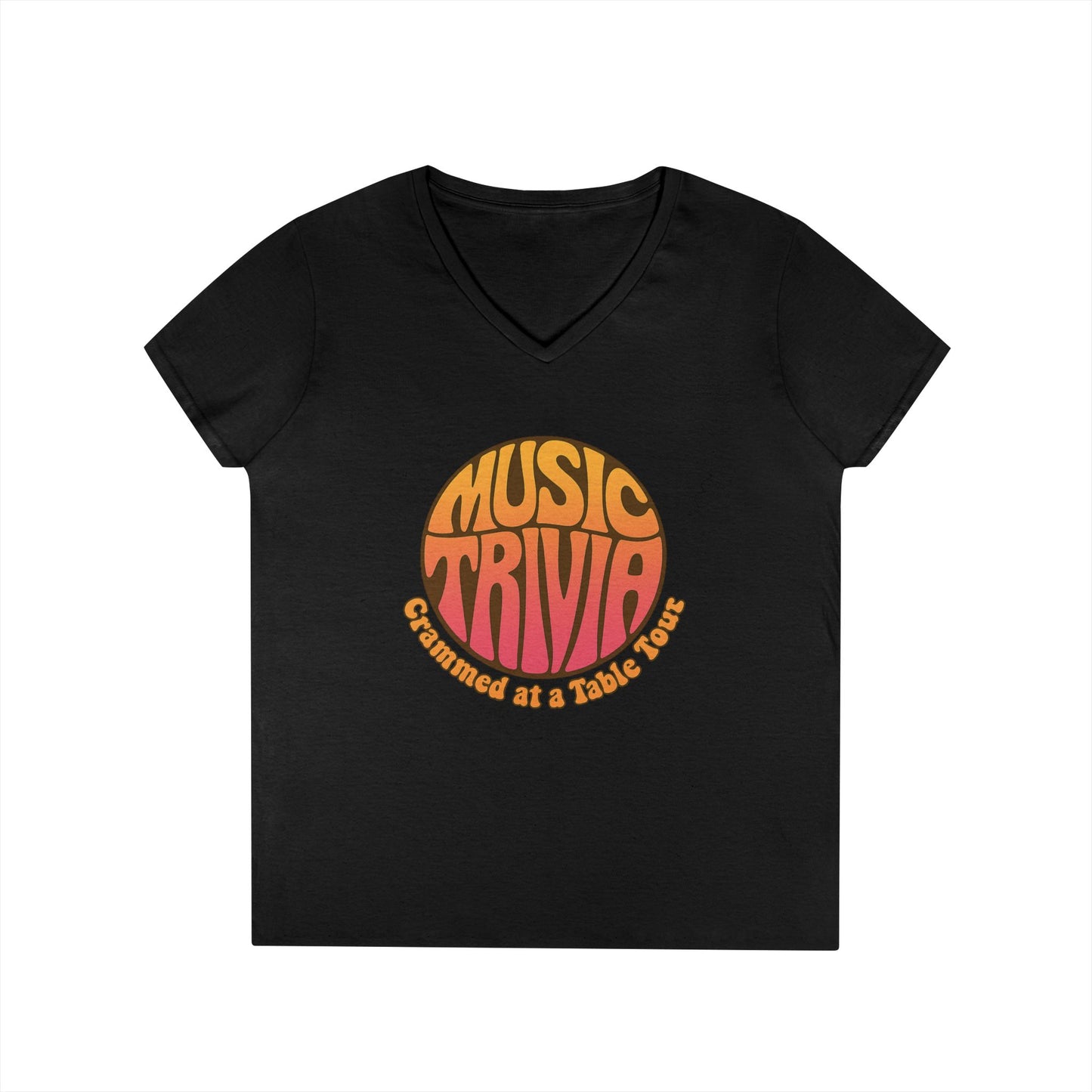 Printify black V-neck vintage style music lover tee with colorful music trivia graphic