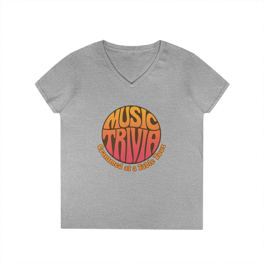 Gray V-neck vintage style music lover tee with colorful music trivia graphic Printify