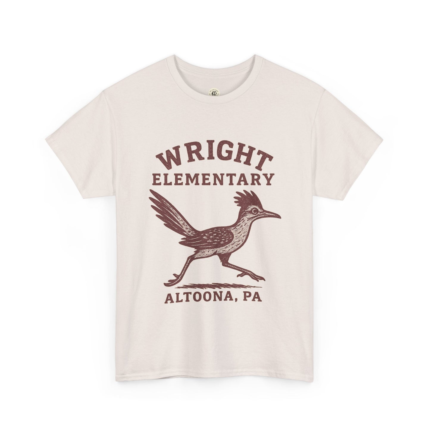 Wright Elementary school spirit shirt in white with brown bird graphic and school name print