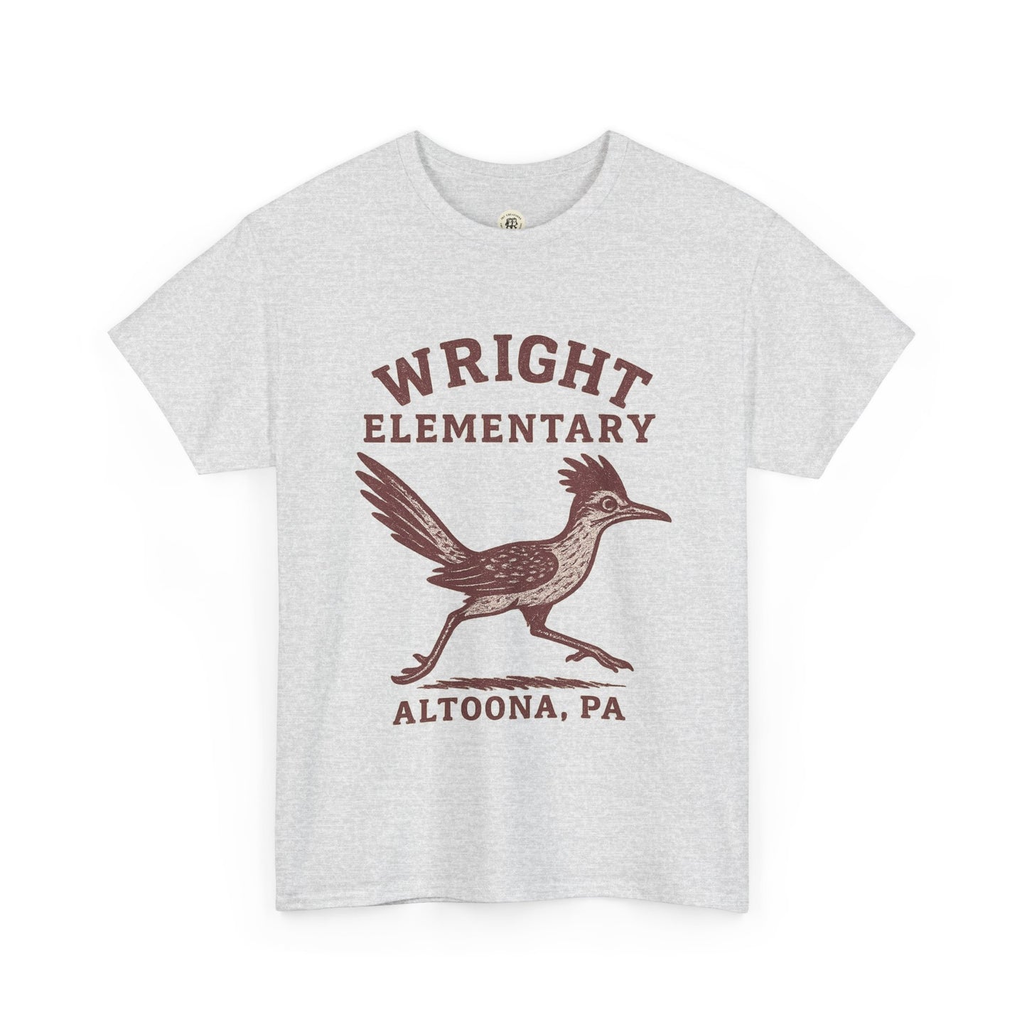 Light gray Wright Elementary school spirit shirt with brown roadrunner mascot print from Printify