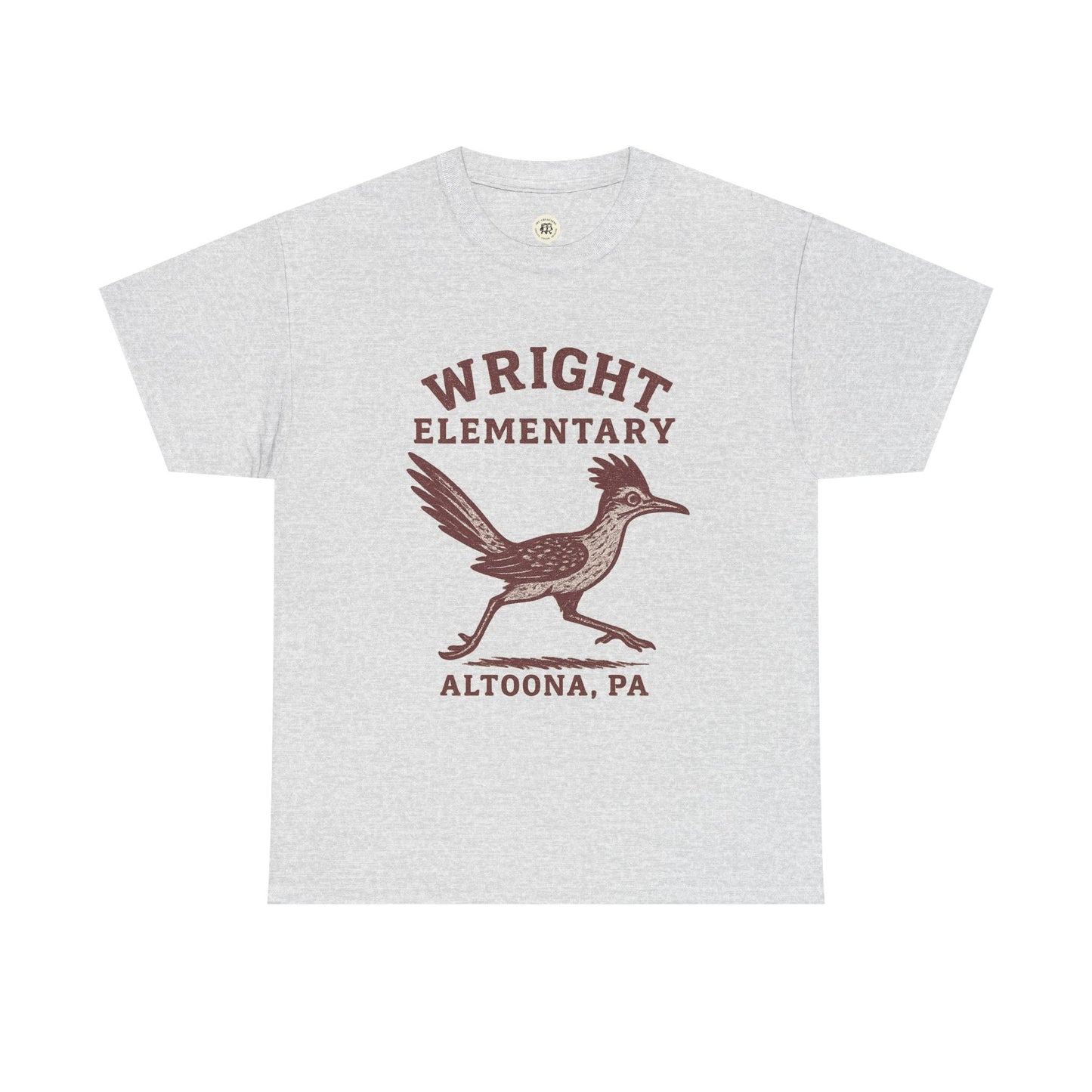 Wright Elementary school spirit shirt with vintage bird design in brown on gray background