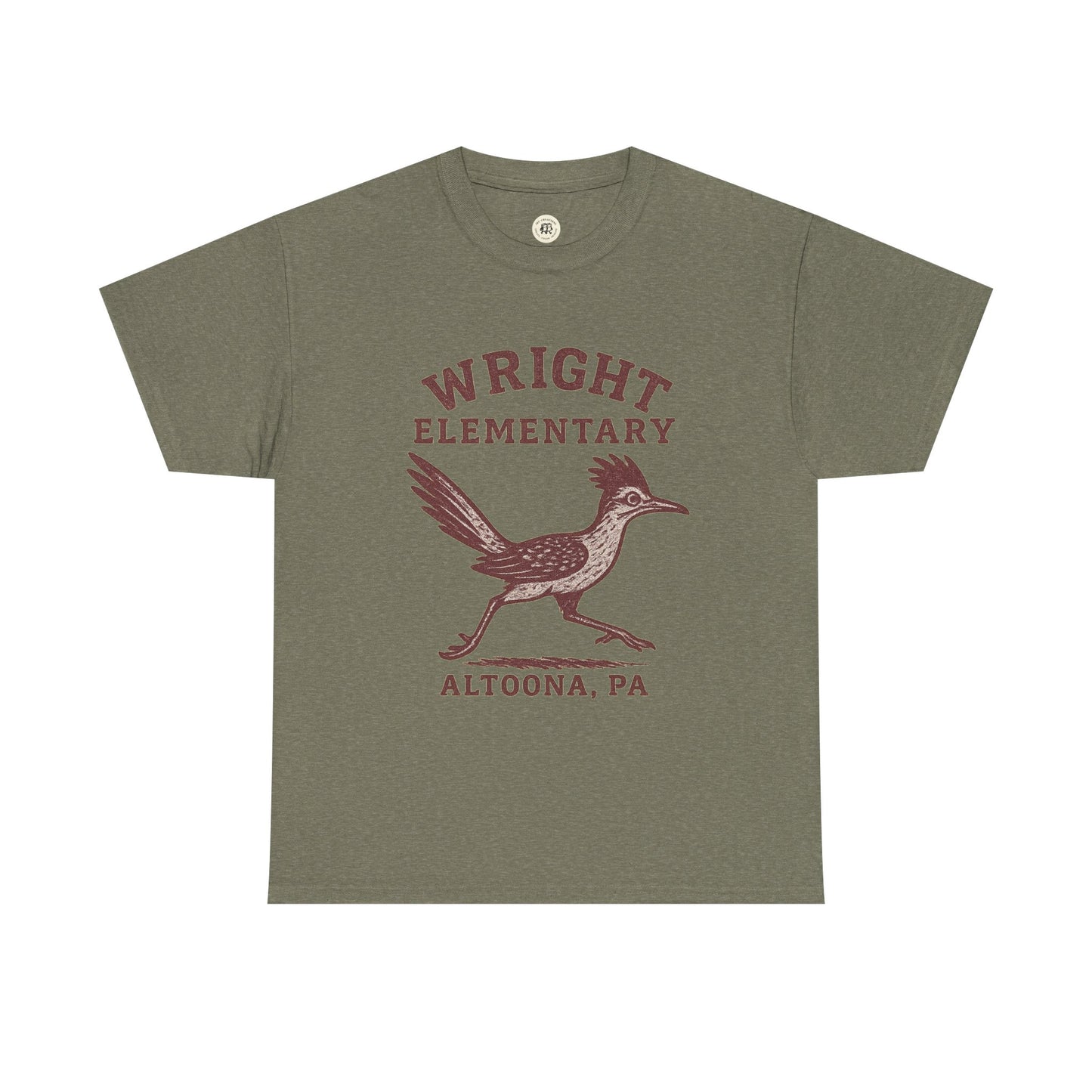 Wright Elementary school spirit shirt with bird mascot print in maroon on olive green t-shirt