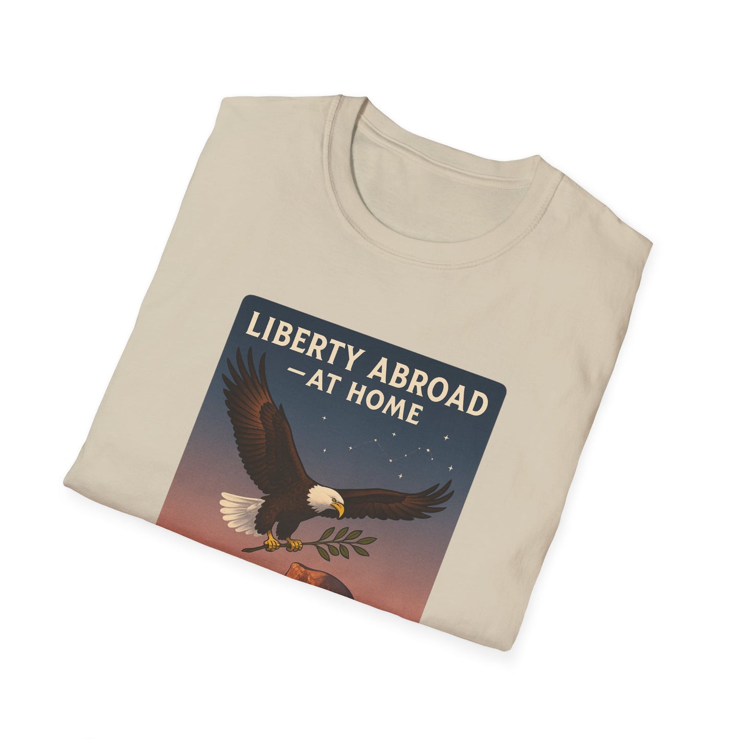 Beige Yosemite eagle USA flag shirt featuring a flying eagle with liberty abroad design