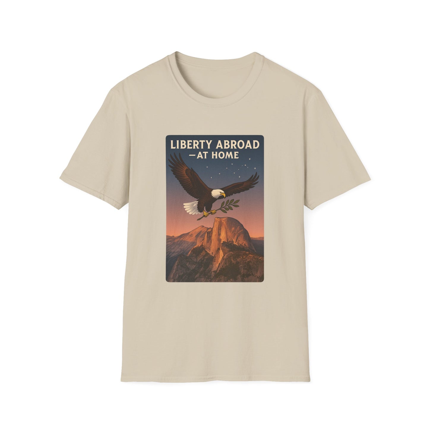 Printify beige t-shirt featuring Yosemite eagle USA flag shirt graphic with eagle over mountain at sunset
