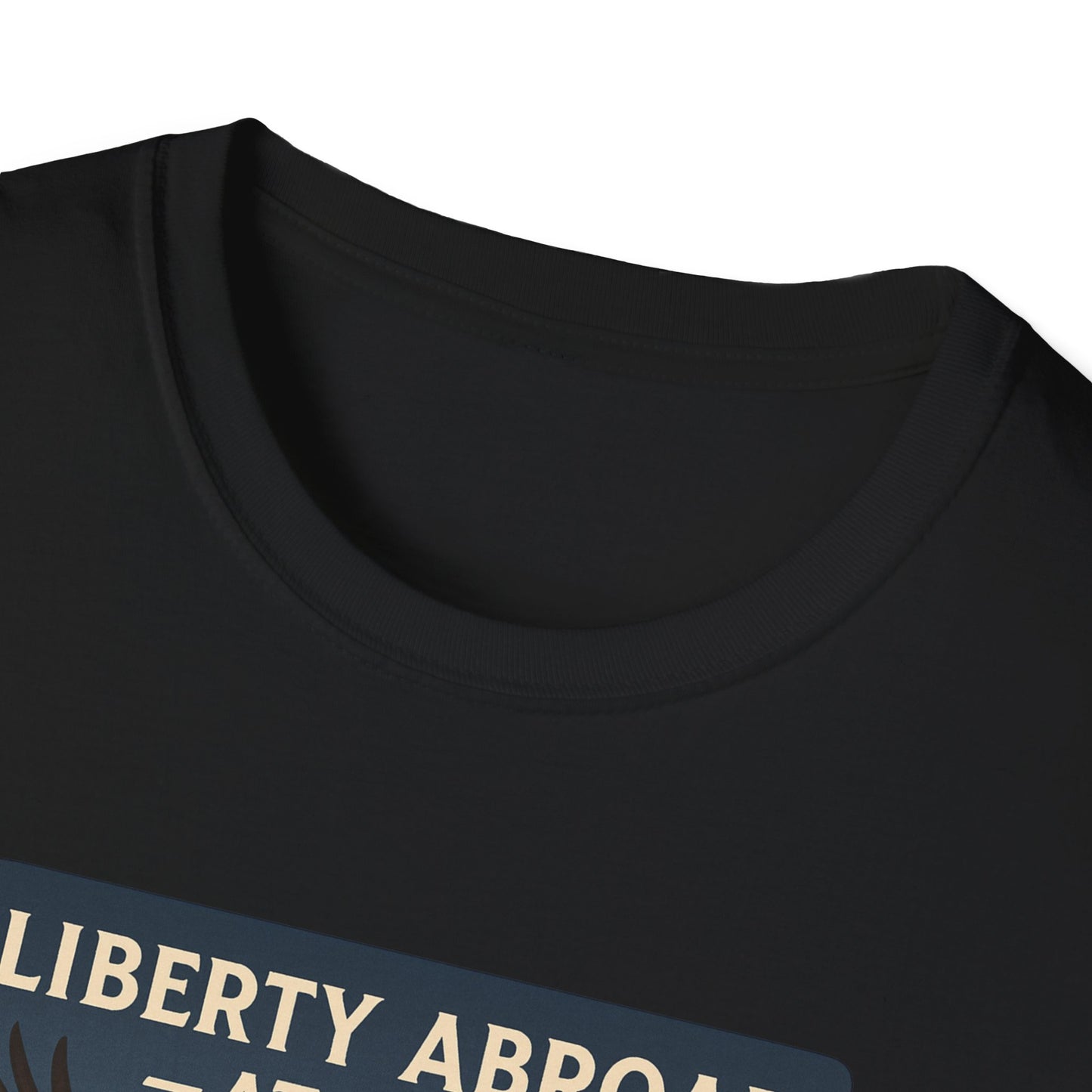 Close-up of black Printify T-shirt featuring Yosemite eagle USA flag shirt design with patriotic text
