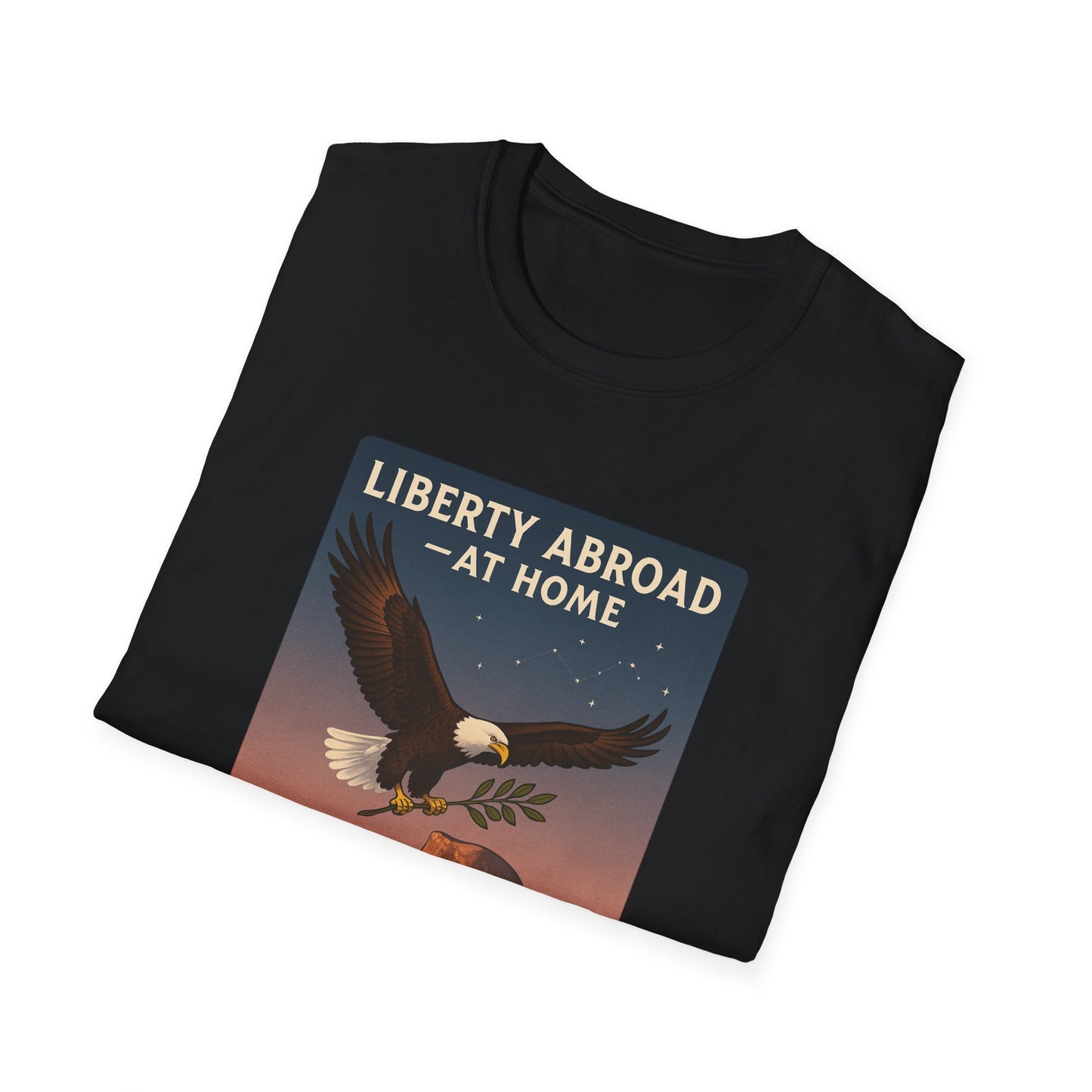 Black T-shirt featuring Yosemite eagle USA flag shirt design with Liberty Abroad at Home graphic