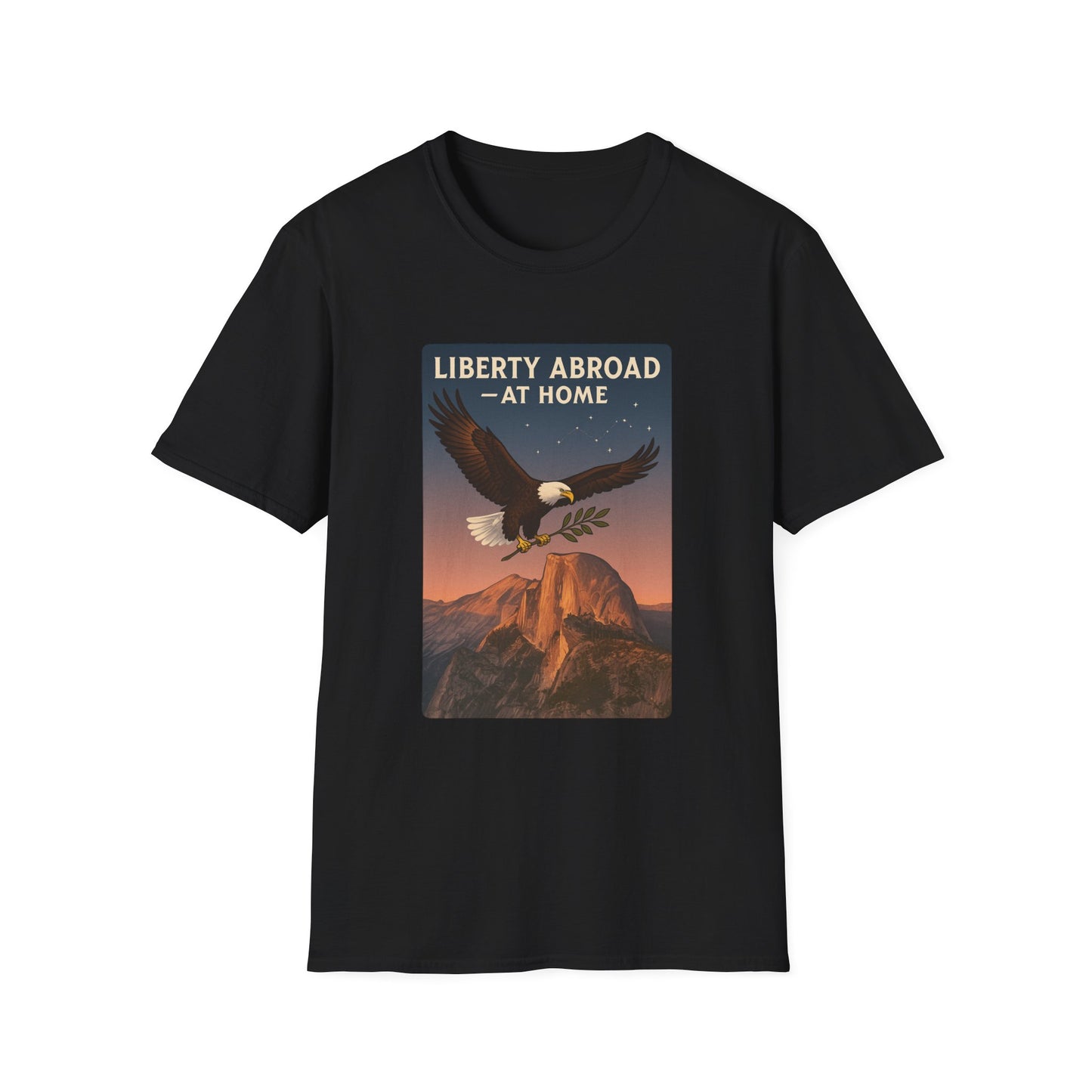 Black Printify T-shirt featuring Yosemite eagle USA flag shirt design with eagle over mountains at sunset