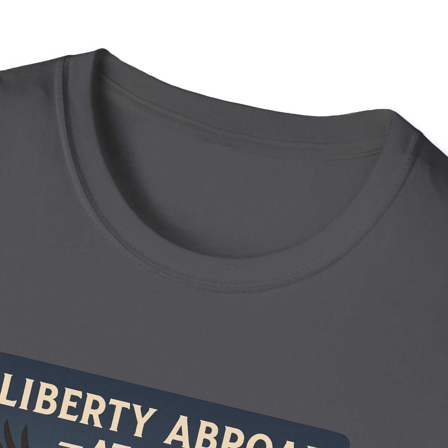 Close-up of dark gray T-shirt collar featuring Yosemite eagle USA flag shirt design from Printify