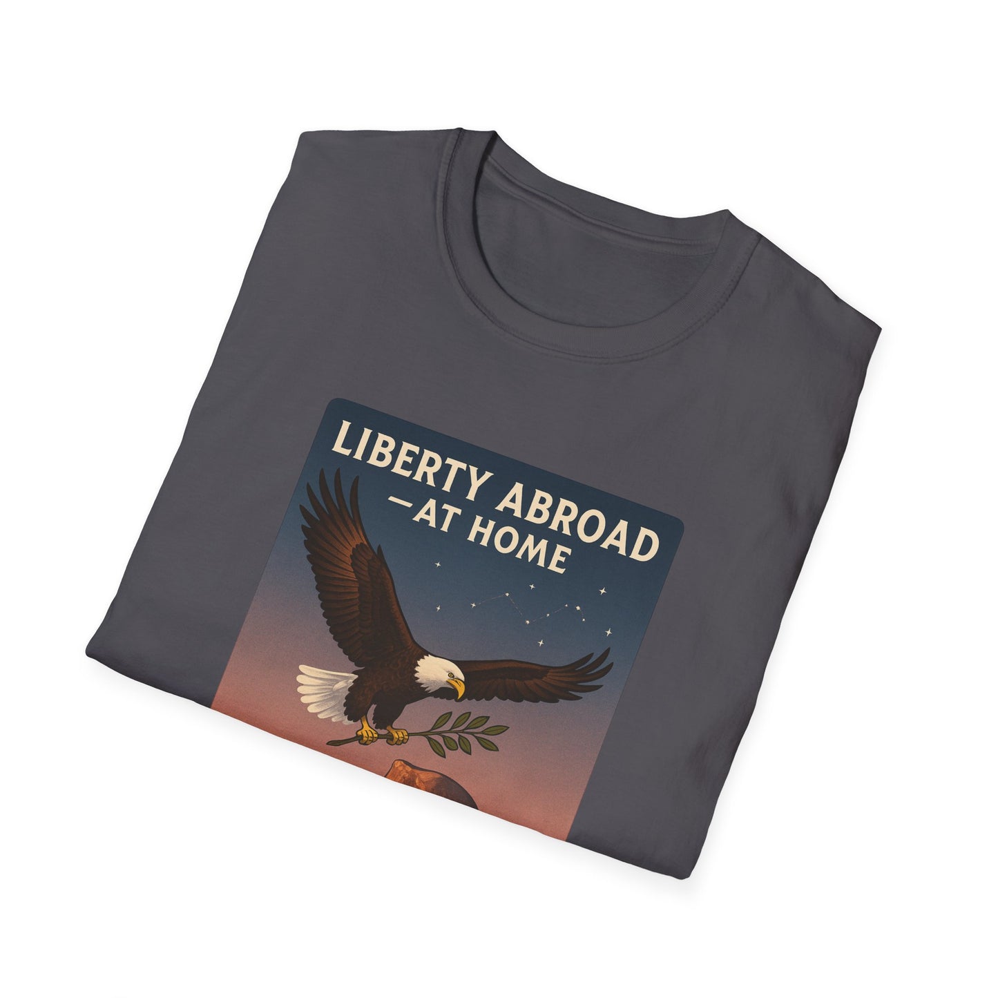 Folded gray Yosemite eagle USA flag shirt with Liberty Abroad At Home graphic on front