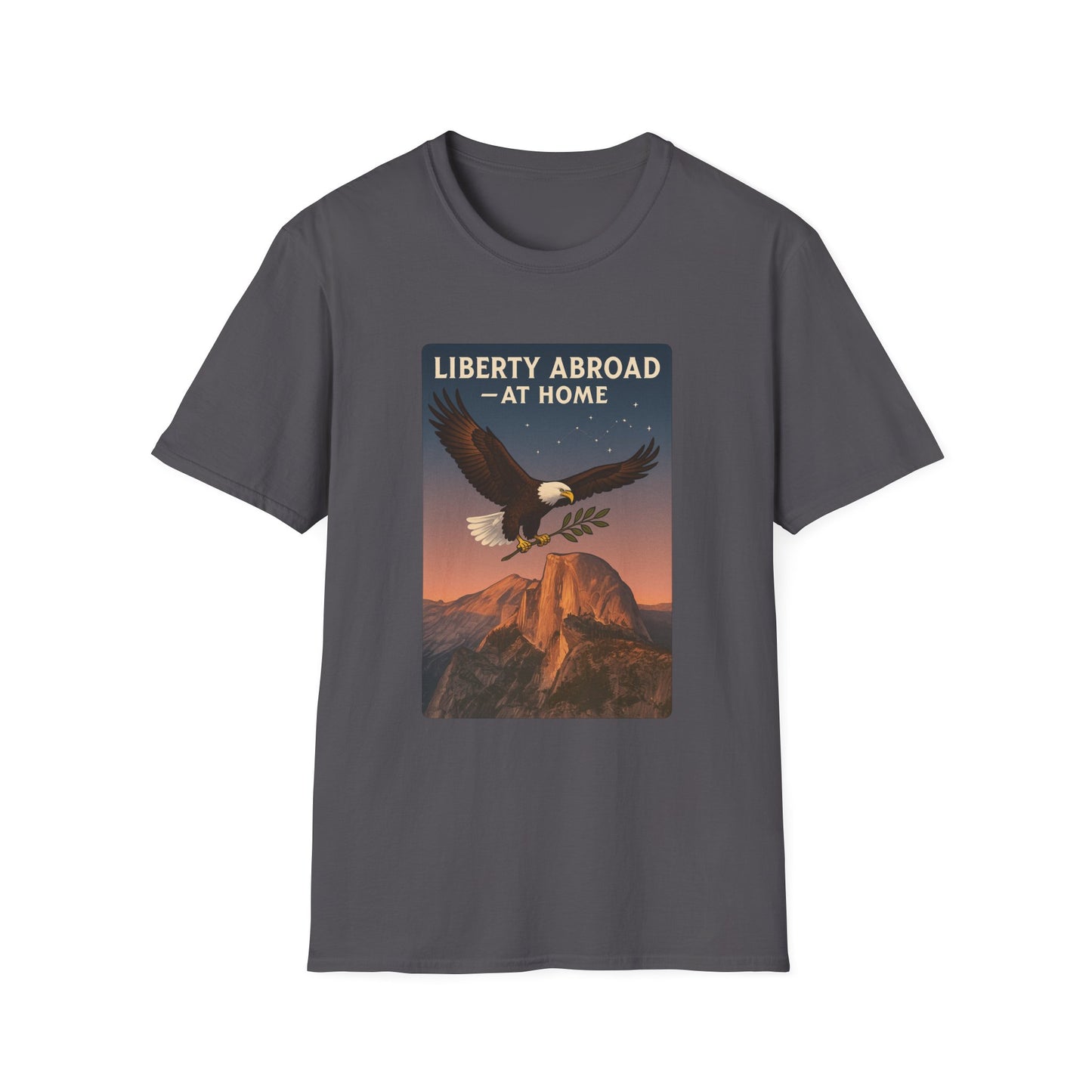 Yosemite eagle USA flag shirt featuring a bald eagle flying over Yosemite with liberty abroad design