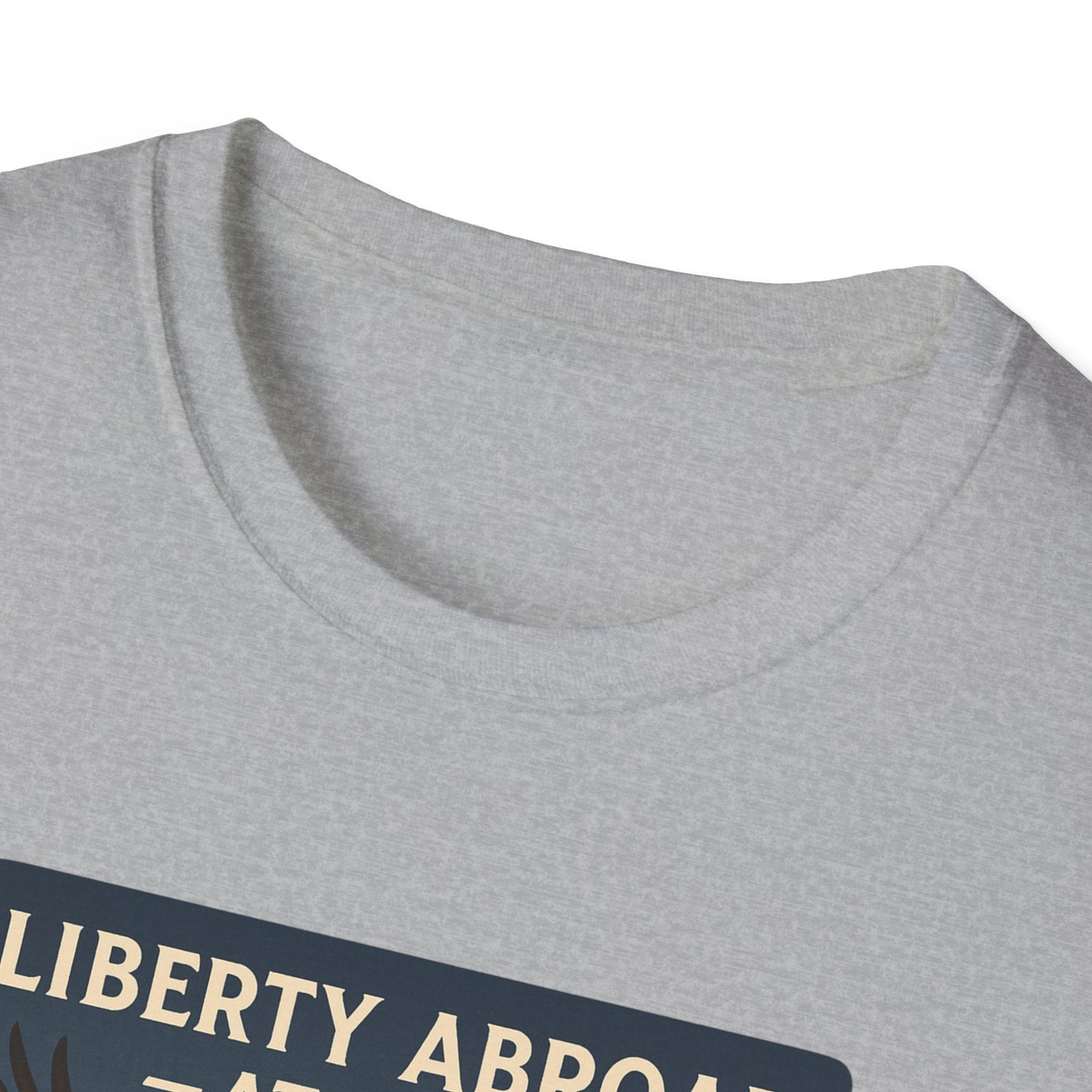 Close-up of gray Printify T-shirt collar featuring Yosemite eagle USA flag shirt design