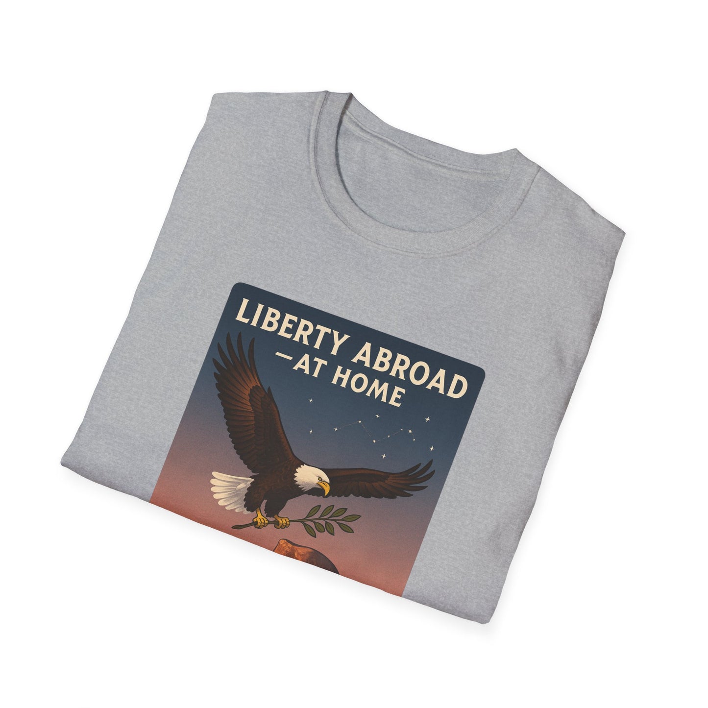 Gray Printify T-shirt featuring Yosemite eagle USA flag shirt design with bald eagle and liberty abroad text