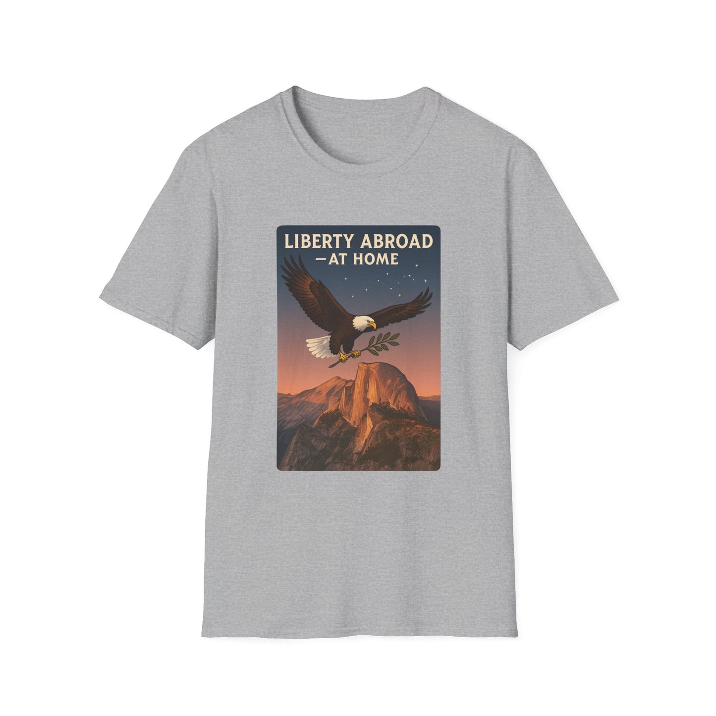 Printify gray t-shirt with Yosemite eagle USA flag shirt design featuring eagle flying over mountain