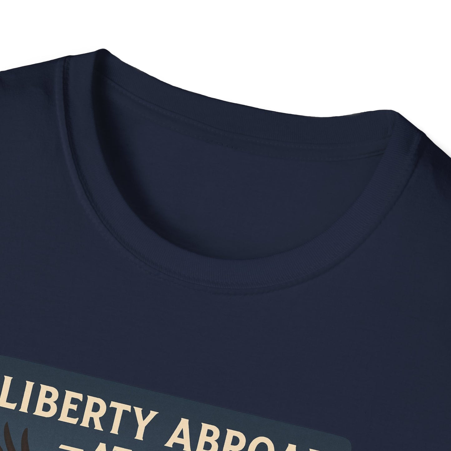 Navy blue Printify T-shirt featuring Yosemite eagle USA flag shirt design on front