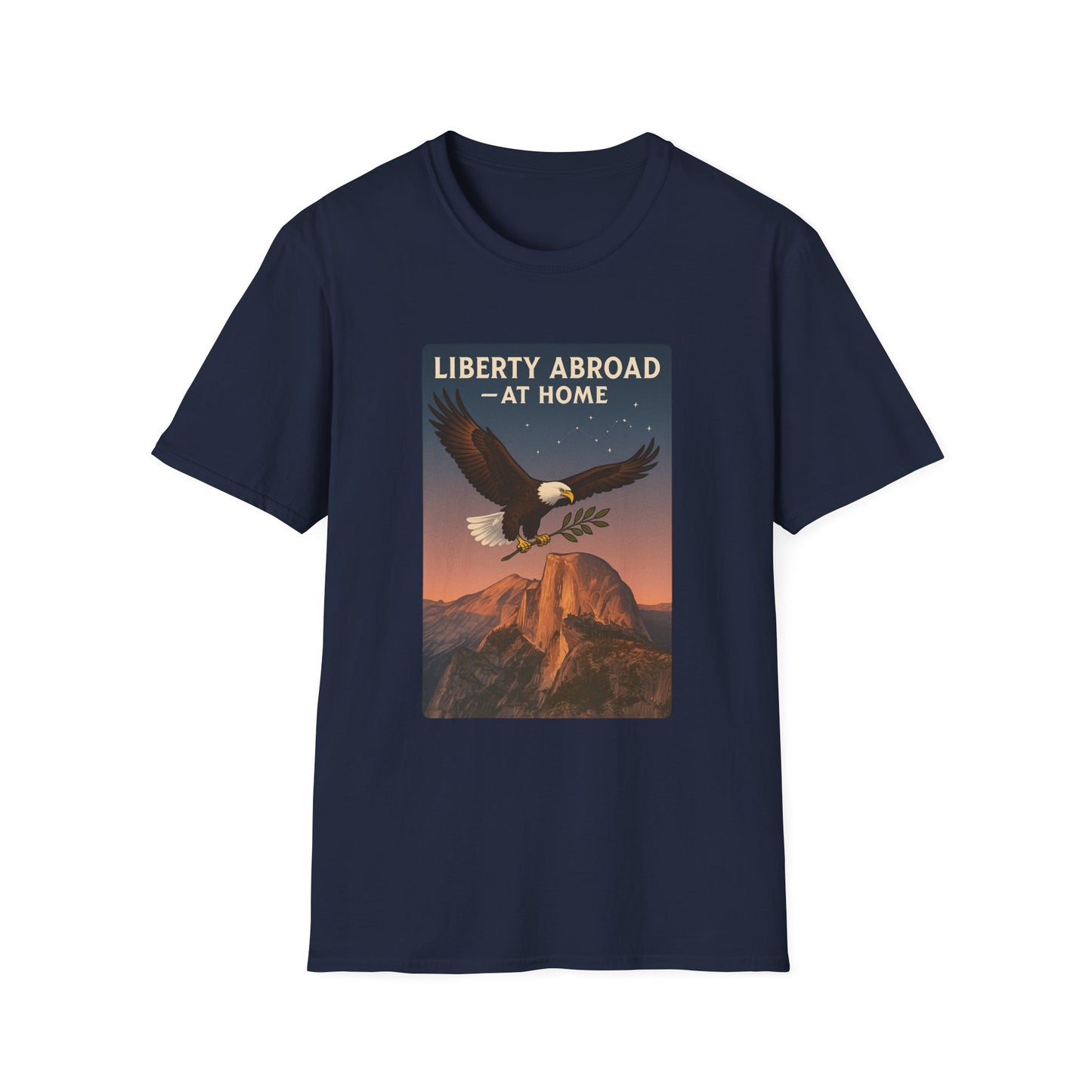 Printify navy t-shirt featuring Yosemite eagle USA flag shirt design with eagle soaring over mountain