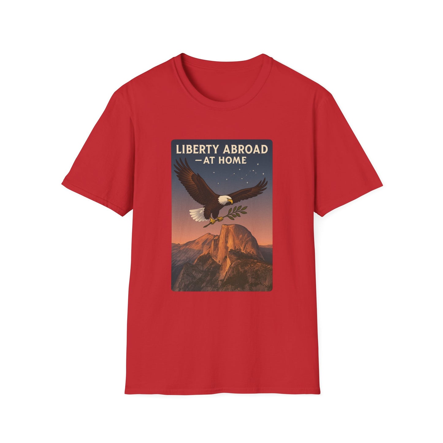 Red Printify Yosemite eagle USA flag shirt with Liberty Abroad At Home graphic design