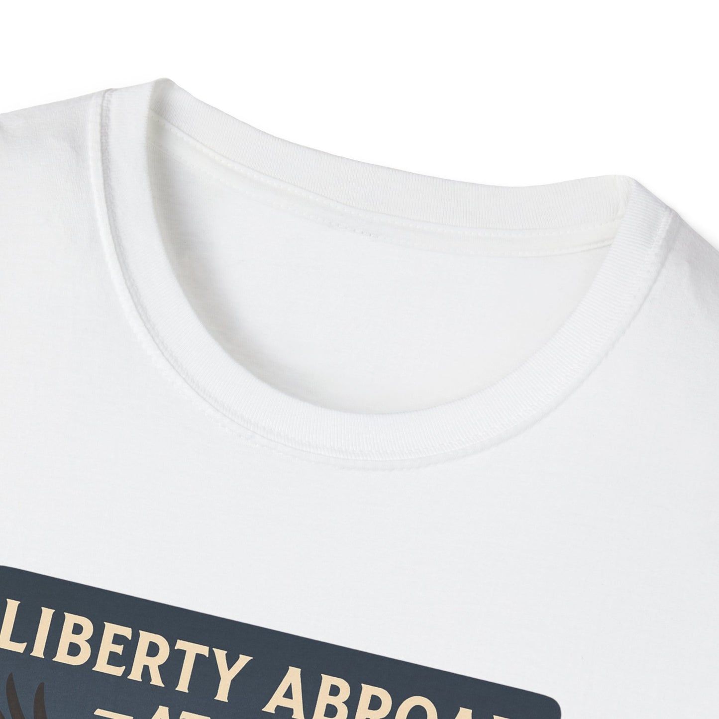 Close-up of white Printify T-shirt collar with Yosemite eagle USA flag shirt design text