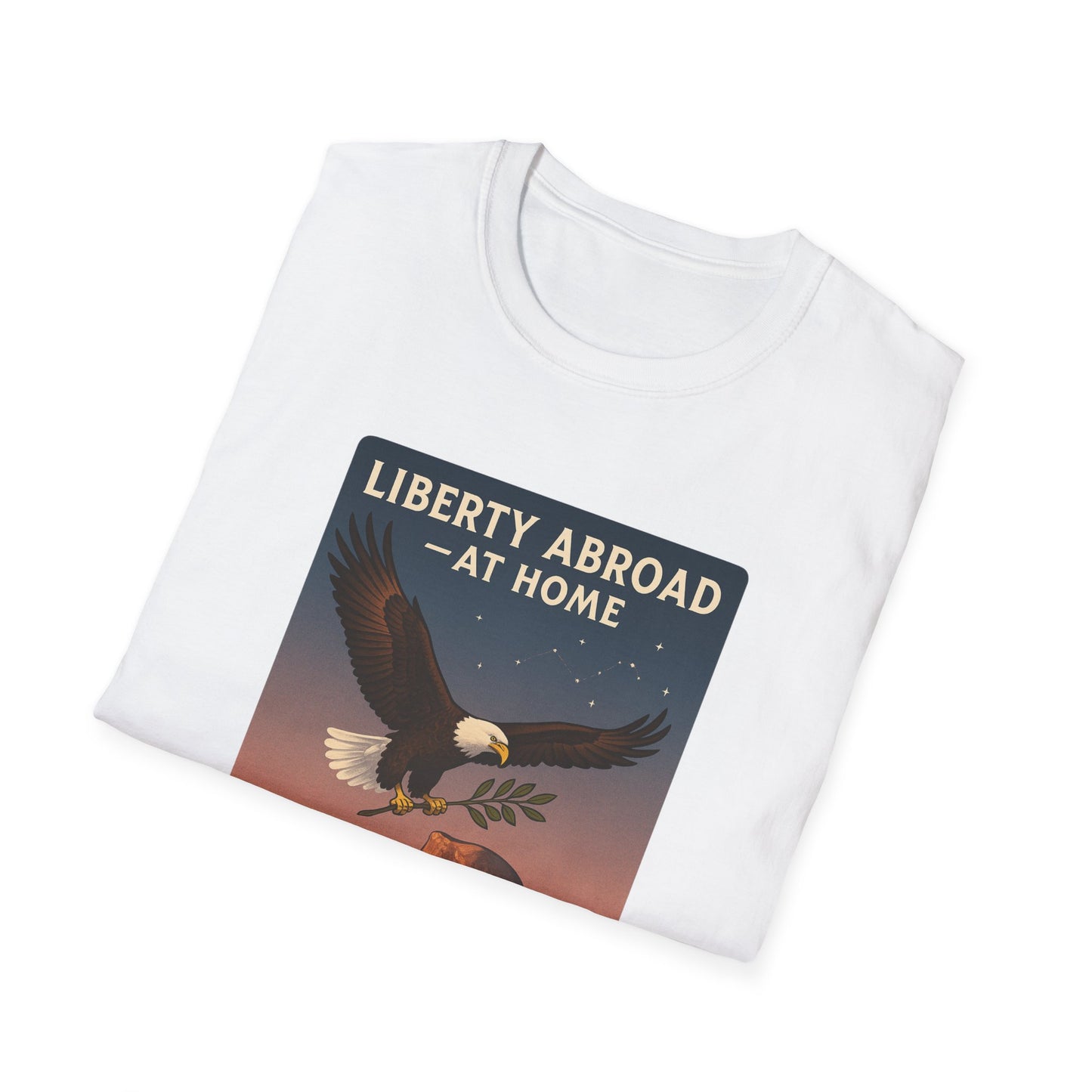 White Printify T-shirt featuring Yosemite eagle USA flag shirt design with eagle and liberty abroad text