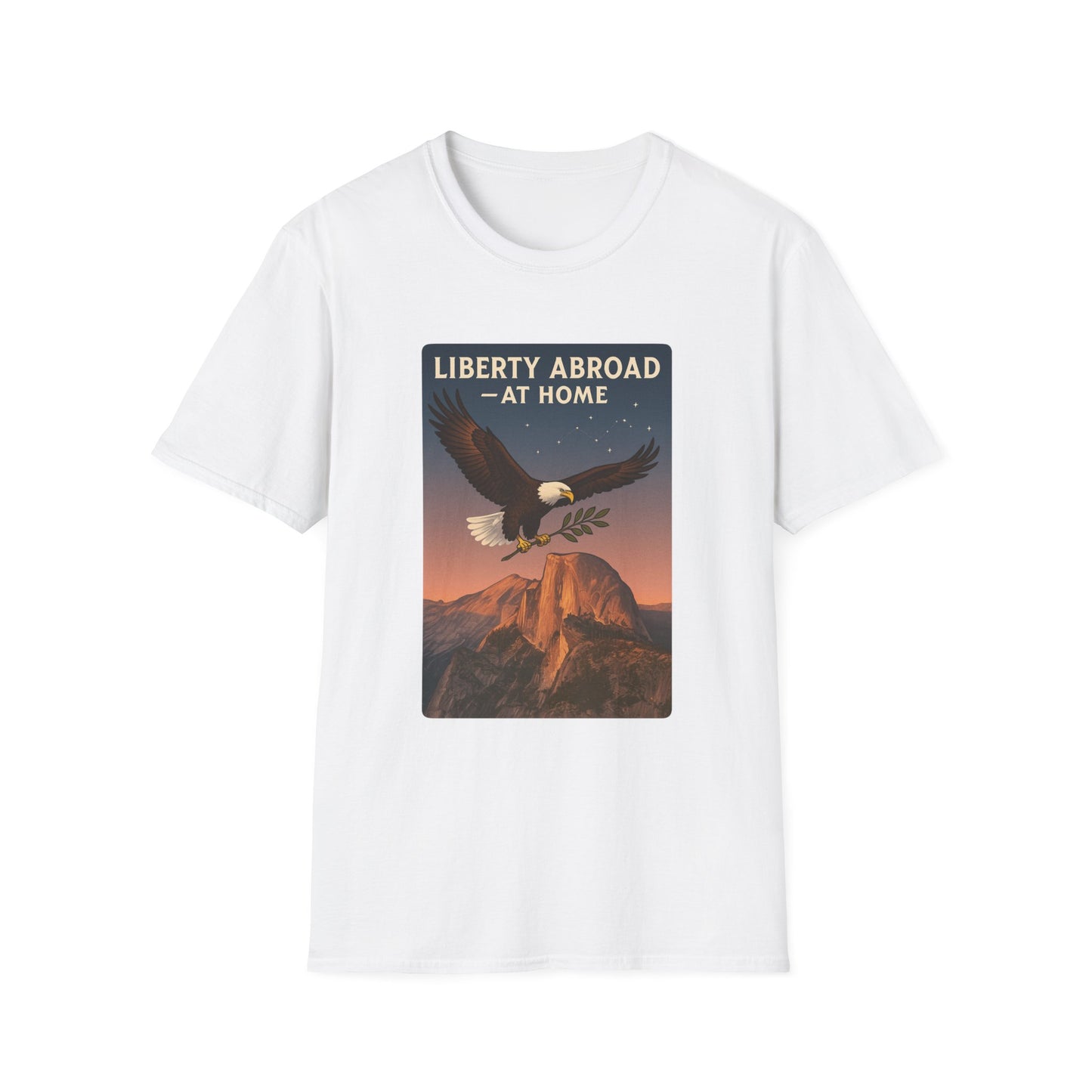 White Printify T-Shirt featuring Yosemite eagle USA flag shirt design with eagle flying over mountain at sunset
