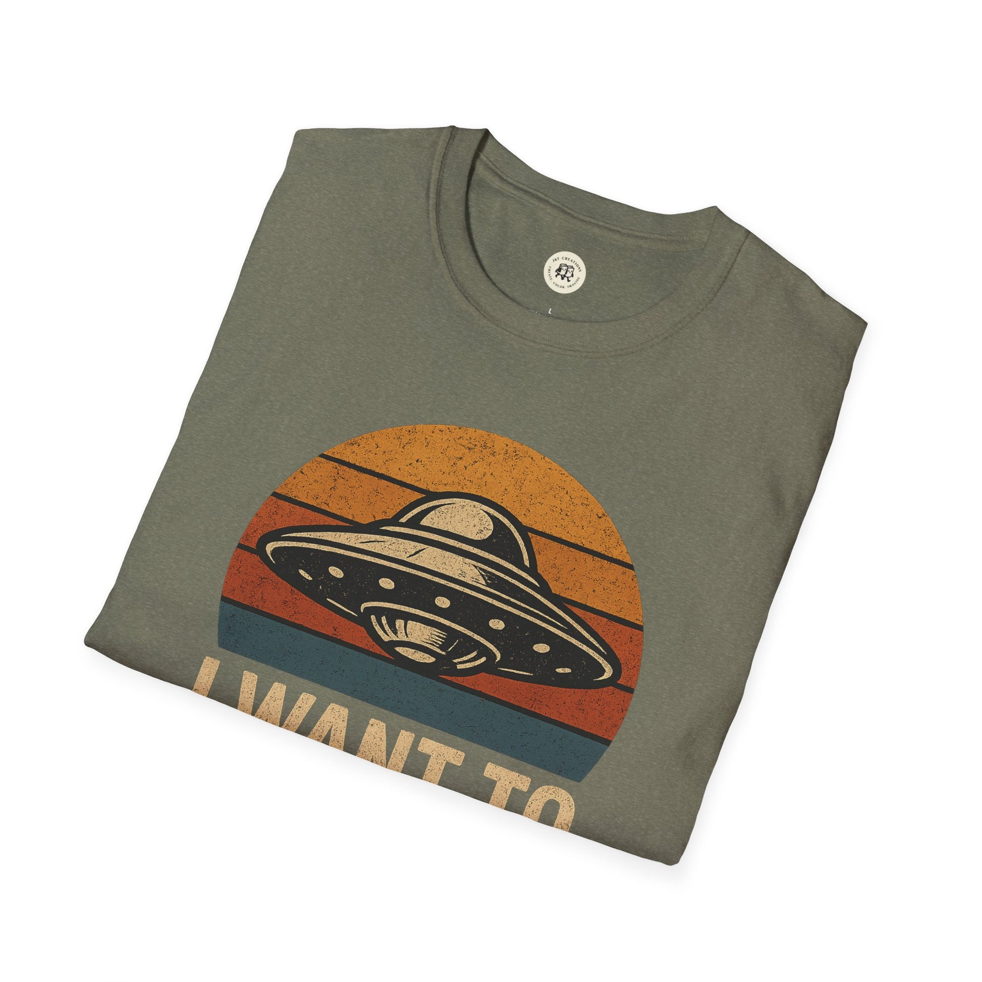 Printify retro UFO t-shirt in olive green with vintage flying saucer graphic and sunset stripes