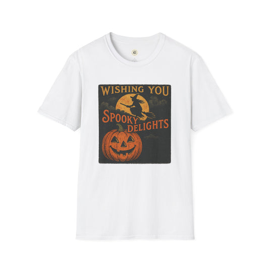 Printify white tee with vintage witch moon and jack o lantern pumpkin Wishing You Spooky Delights Halloween spooky t-shirt unisex