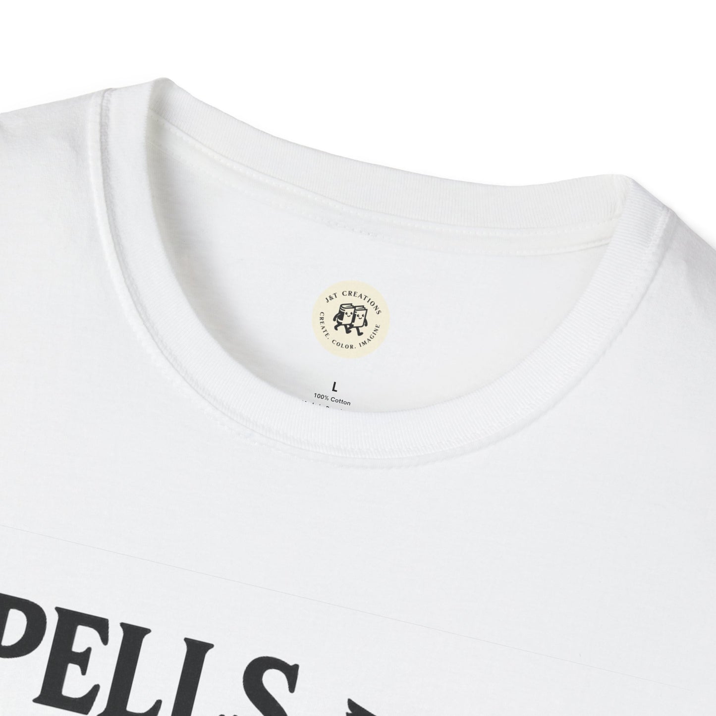 Close up of white Printify crewneck tee with black spell text on front spooky vibes unisex halloween t-shirt
