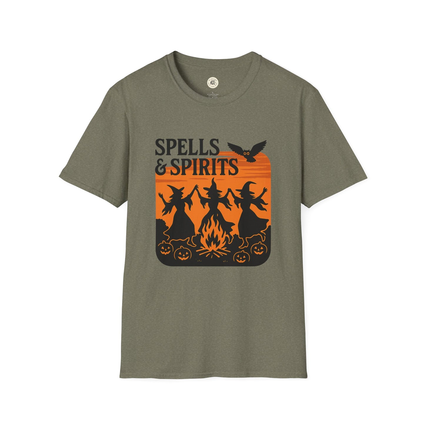 Olive unisex tee with witches around campfire pumpkins bat Spells and Spirits design spooky vibes unisex halloween t-shirt