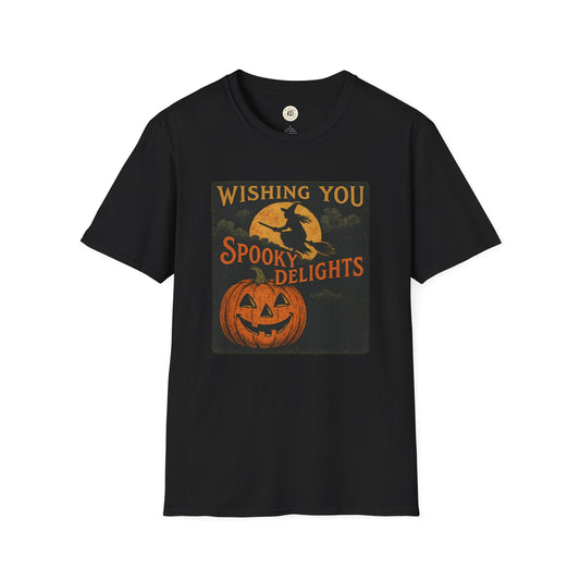 Halloween spooky t-shirt unisex black Printify tee with vintage witch moon and jack o lantern design