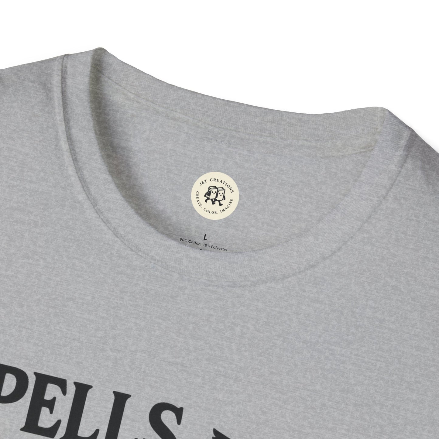 Printify gray crewneck showing neckline and partial print spooky vibes unisex halloween t-shirt