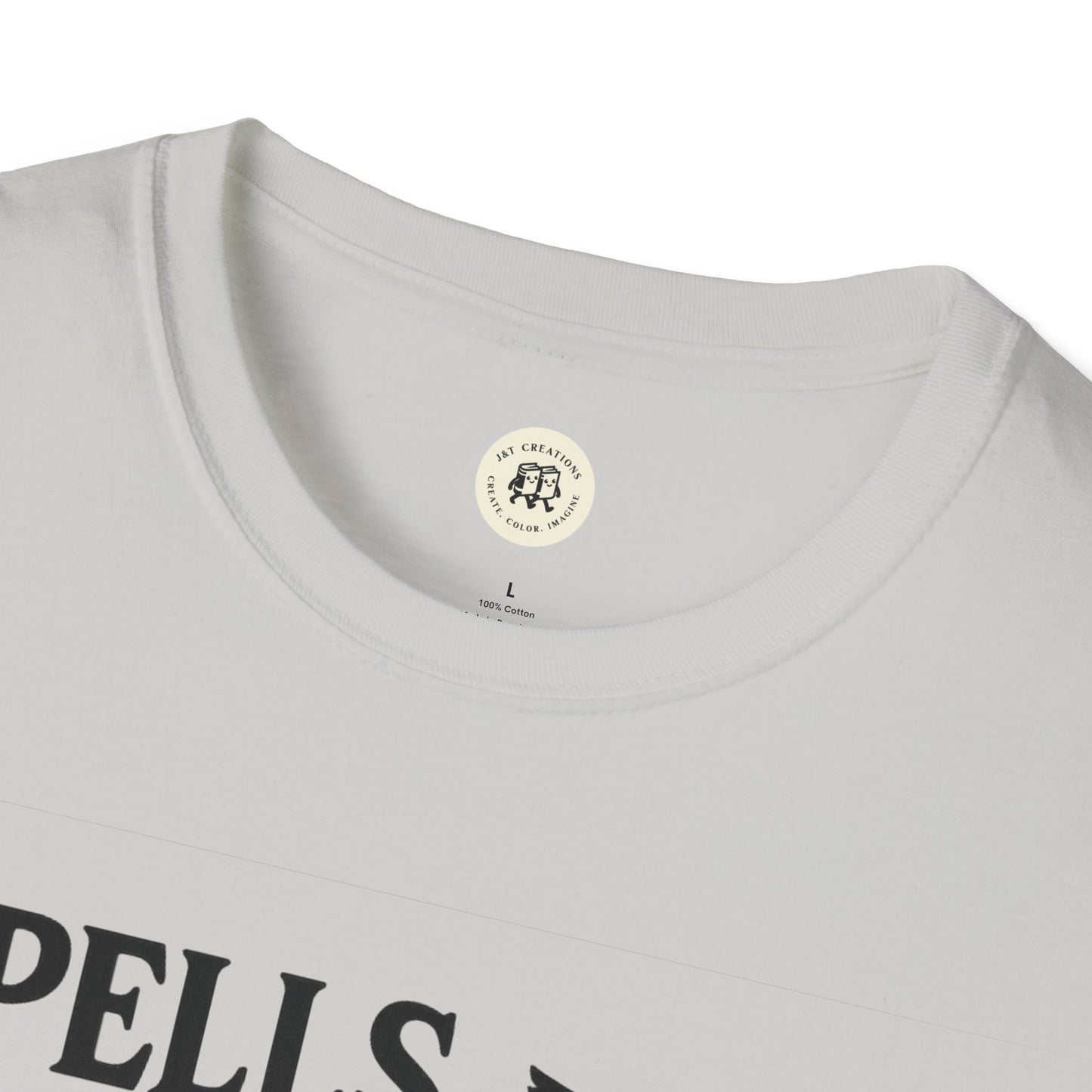 Printify white crew neck T shirt close up showing neckline and partial black print spooky vibes unisex halloween t-shirt