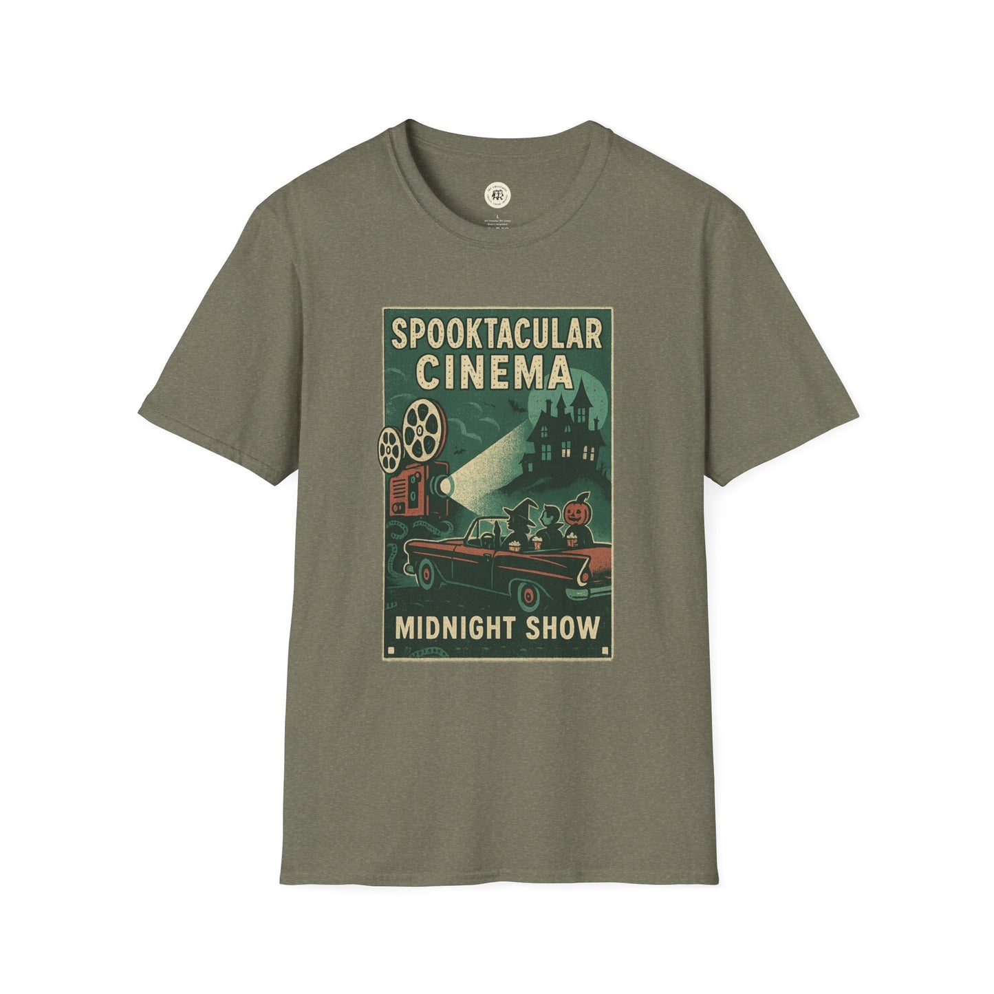 Printify vintage cinema t-shirt with spooky midnight show graphic in muted green