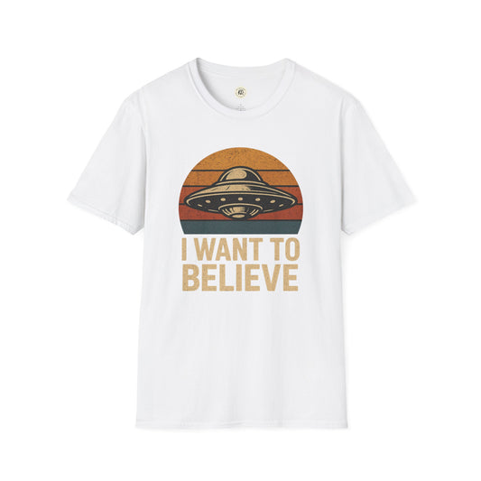 White Printify retro UFO t-shirt with vintage flying saucer and I want to believe text