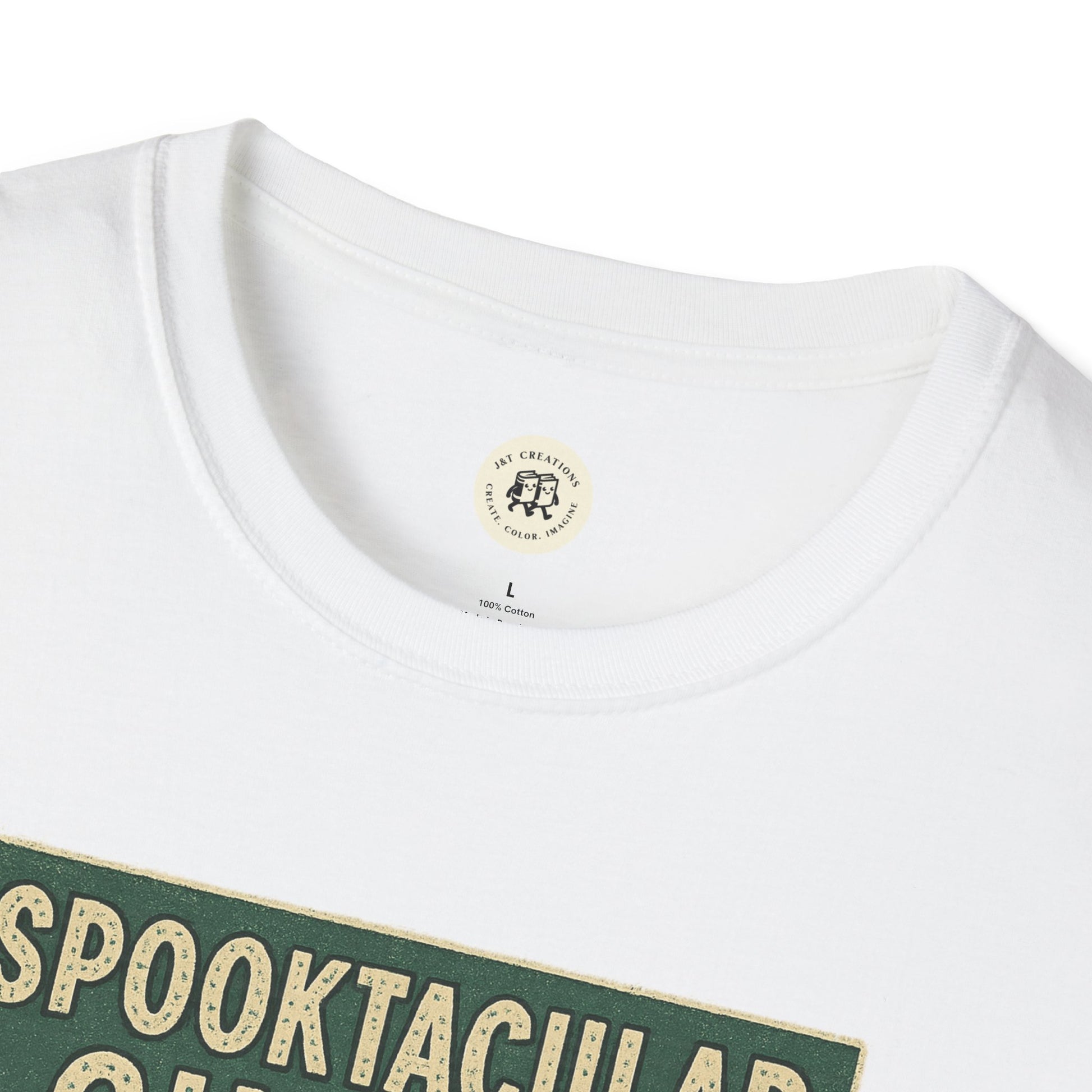 White cotton vintage cinema t-shirt with green and beige printed design by Printify