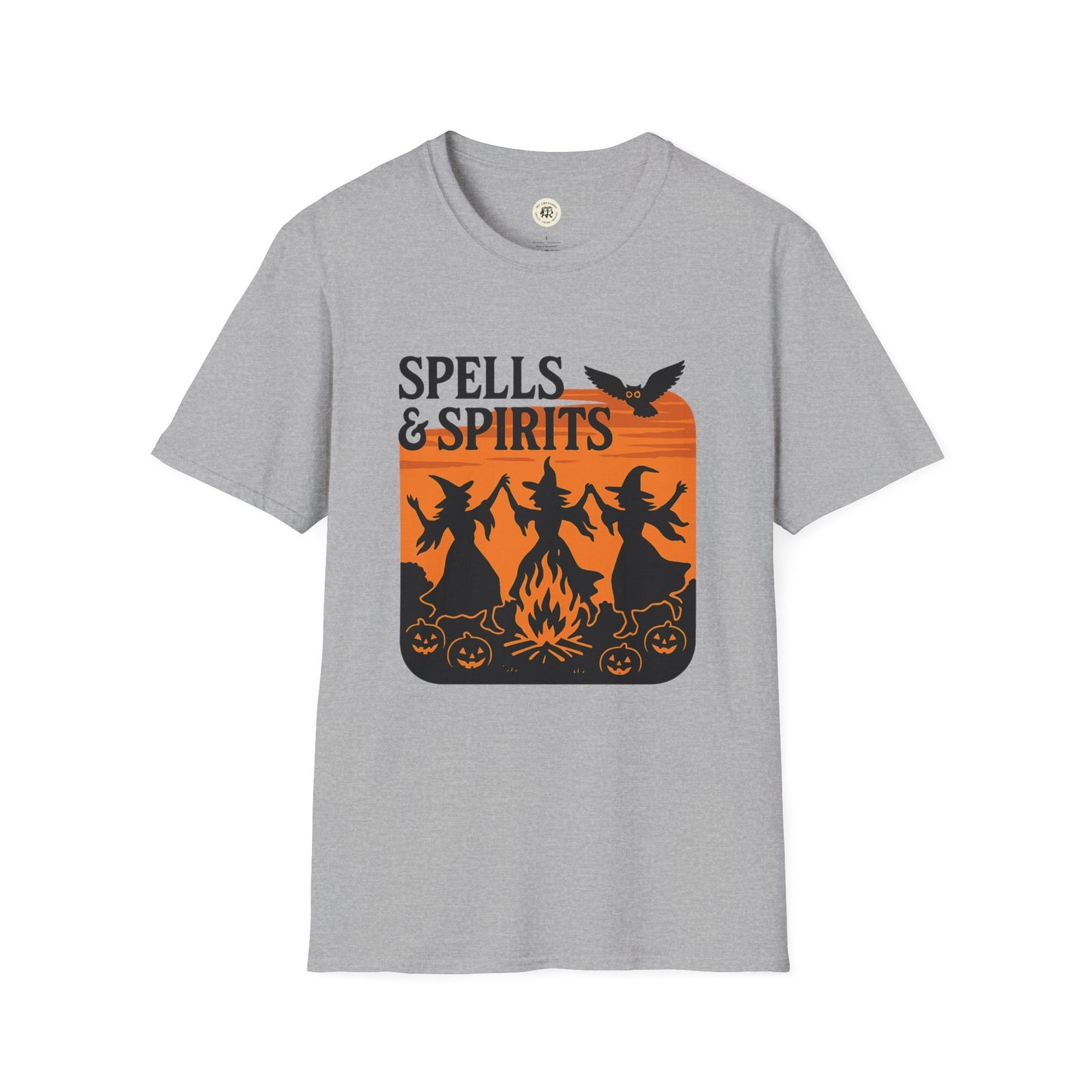 Printify gray t-shirt with Spells and Spirits witches dancing by campfire pumpkins and owl spooky vibes unisex halloween t-shirt