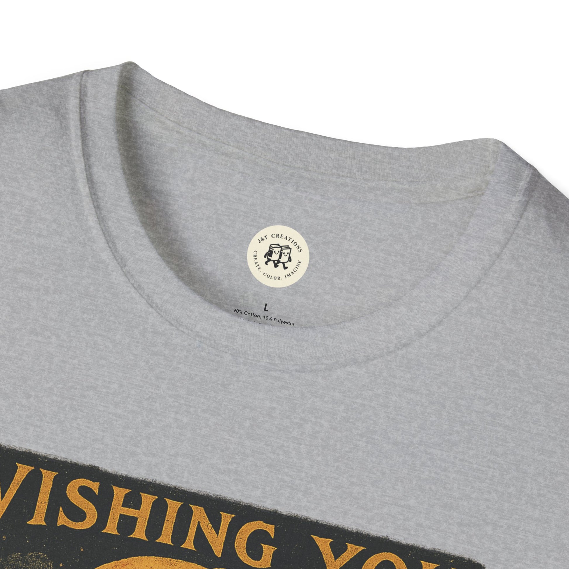 Heather gray Printify Halloween spooky t-shirt unisex close up of neckline and partial orange printed design